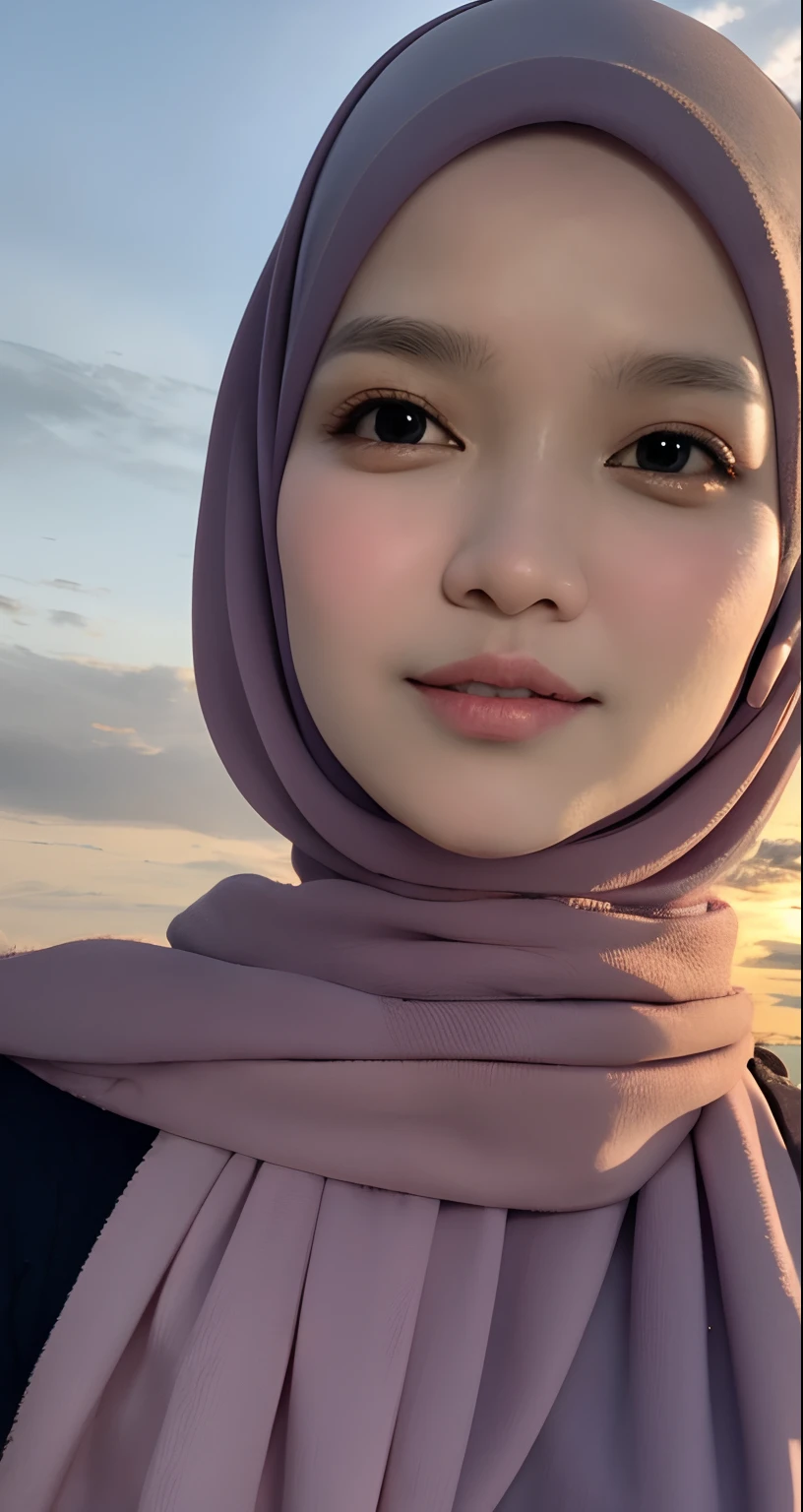 masterpiece, best quality, movie still, 1 malay girl in blue hijab, cloud girl, floating in the sky, close-up, bright, happy, warm soft lighting, sunset, (sparks:0.7)