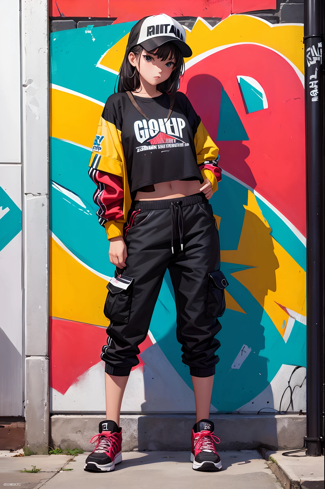 girl street artist paints on a brick wall, graffiti, hip hop style, design sneakers, masterpiece, high detailed, full length image
