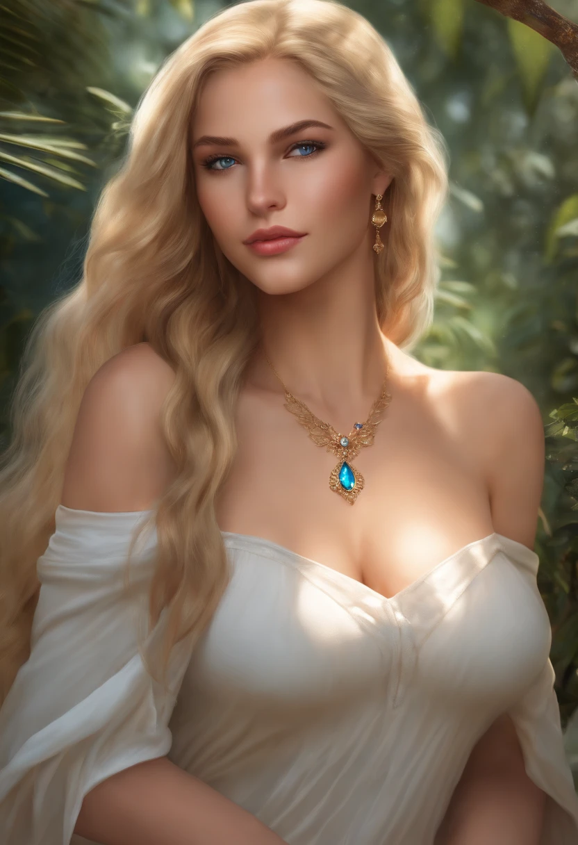 A 23-year-old woman with realistic green eyes, very long light blonde almost white and silky hair, slim body, FULL BODY MODEL with defined HIPS and LARGE BREASTS BIG BREASTS hourglass shape with fair skin and freckles, flat abdomen with a very defined small waist and wide chains with thick thighs and large drop-shaped breasts, casual but sexy clothing defines her body LARGE BREASTS LARGE BREASTS LARGE BREASTS