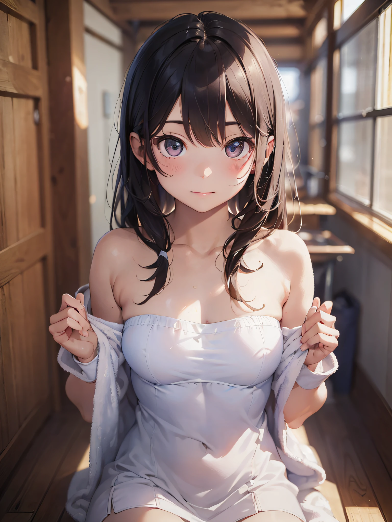 (masterpiece:2.0), (top-quality:2.0), (white Tube top extremely short length dress made by towel:1.5), (perfect exposed shoulders:1.5), (perfect exposed nape:1.5), (super sexypose:1.5), (blushed face:1.3), (barechested:1.3), (realistic:1.5), 1 girl, precise small hands, Embarrassed look, light smile, extremely cute girl, innocent face, young face, Clear eyes, Shining eyes, shoulder is visible, small breast, thigh is visible, No pubic hair, The beautiful skin, ultra-definition, Top resolution, japan high school student, brown hair
