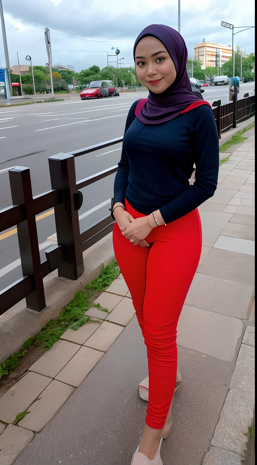 1 malay girl, solo, hijab, blue eyes, medium hijab, superhero, leotard, leggings, boots, hands on hip, city backdrop