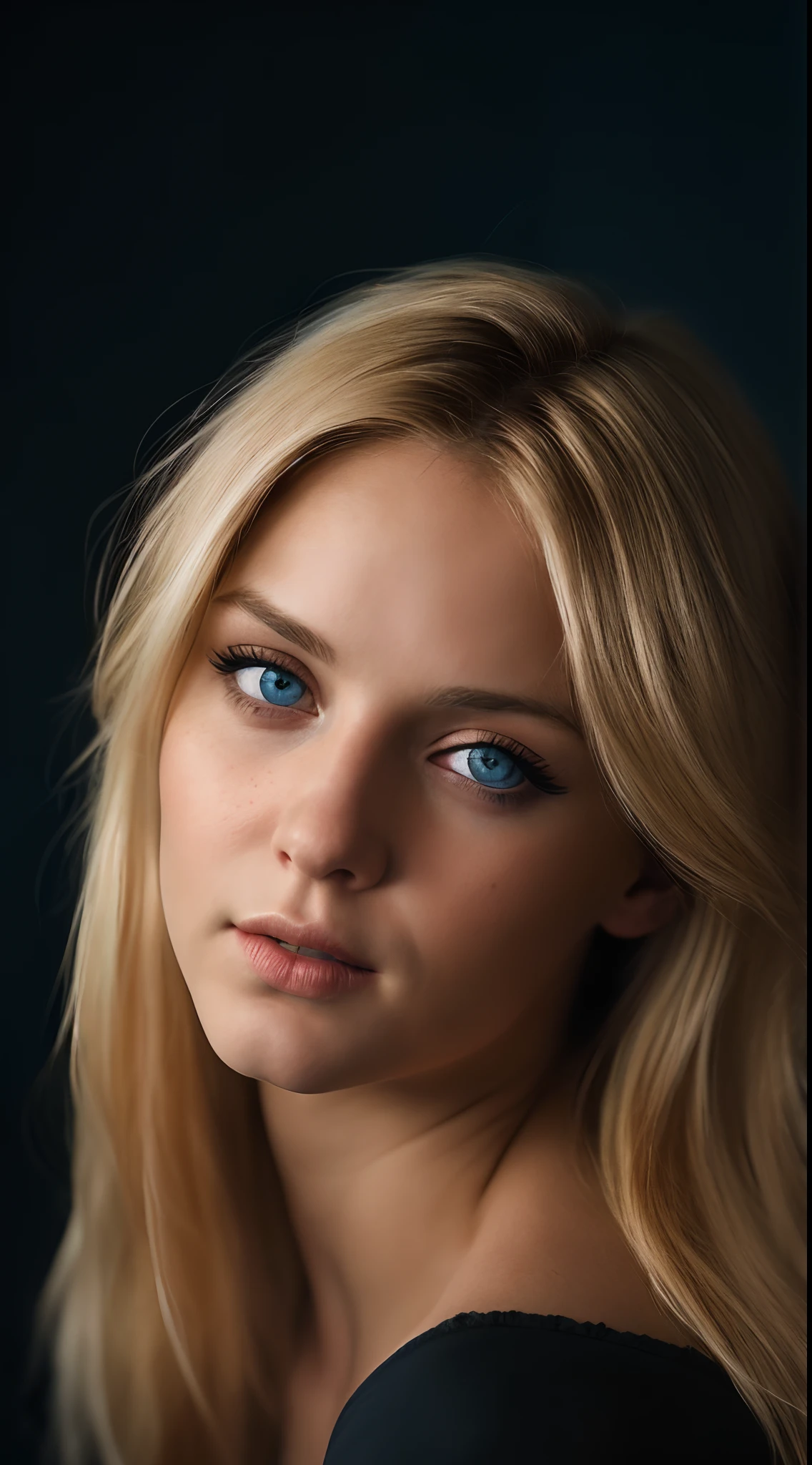 (Close-up, editorial photograph of a 25-year-old woman) (Blonde hair) (light blue eyes)(Highly detailed face:1.4) (smiling:0.9) (dark background, Moody, private study:1.3) Pov, Direction : Lee Jeffries, Nikon D850 |, film stock photography, 4 Kodak Portra 400, camera f1.6 lens, rich colors, hyper realistic, realistic texture, dramatic lighting, cinestill 800,