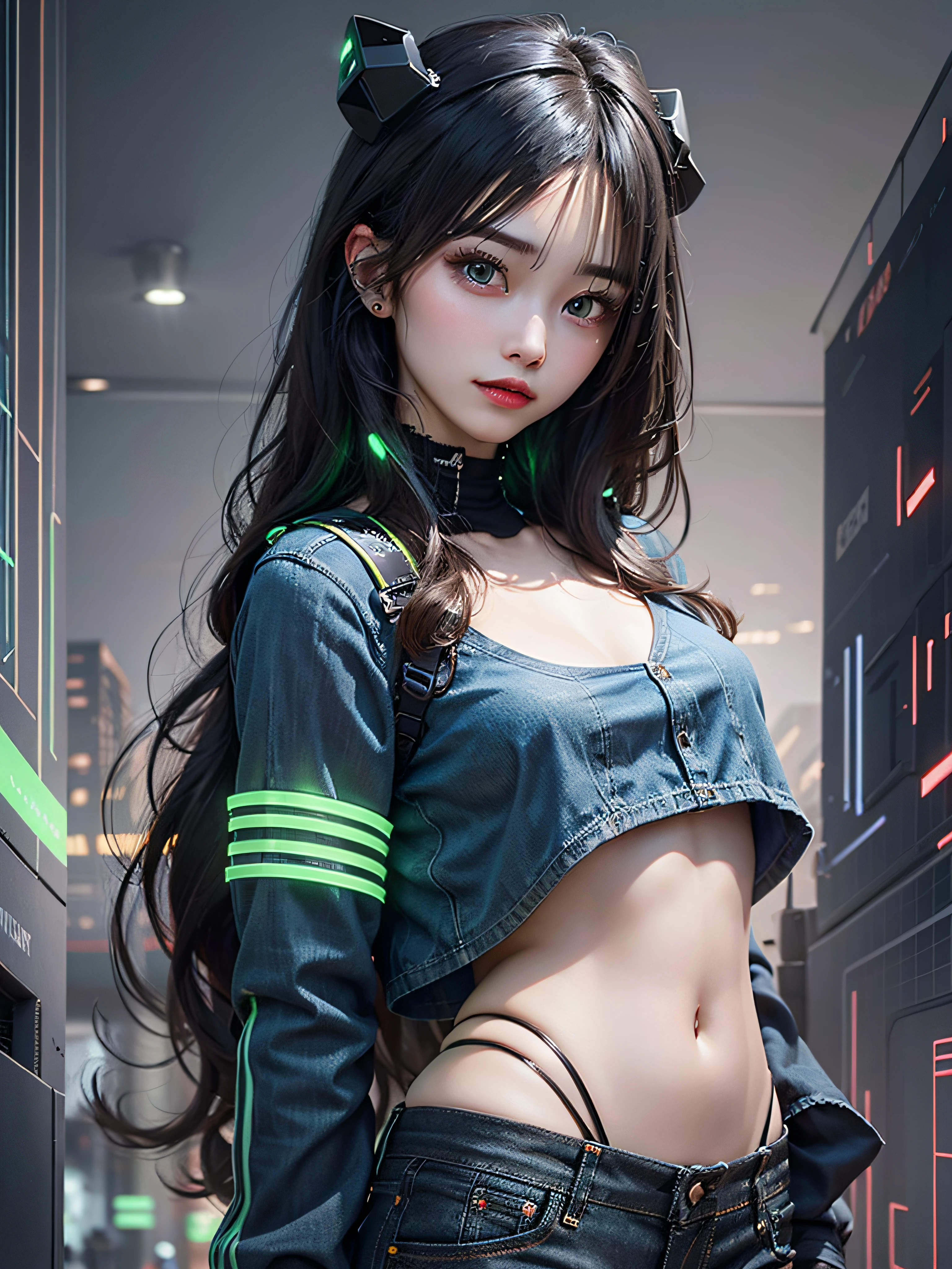 1 girl, long black hair, green eyes, wearing denim with led strip shorts, plain open shirt, cyber punk city, high res, ultrasharp, 8k, masterpiece, loking at viewer, keeping a cyberdek