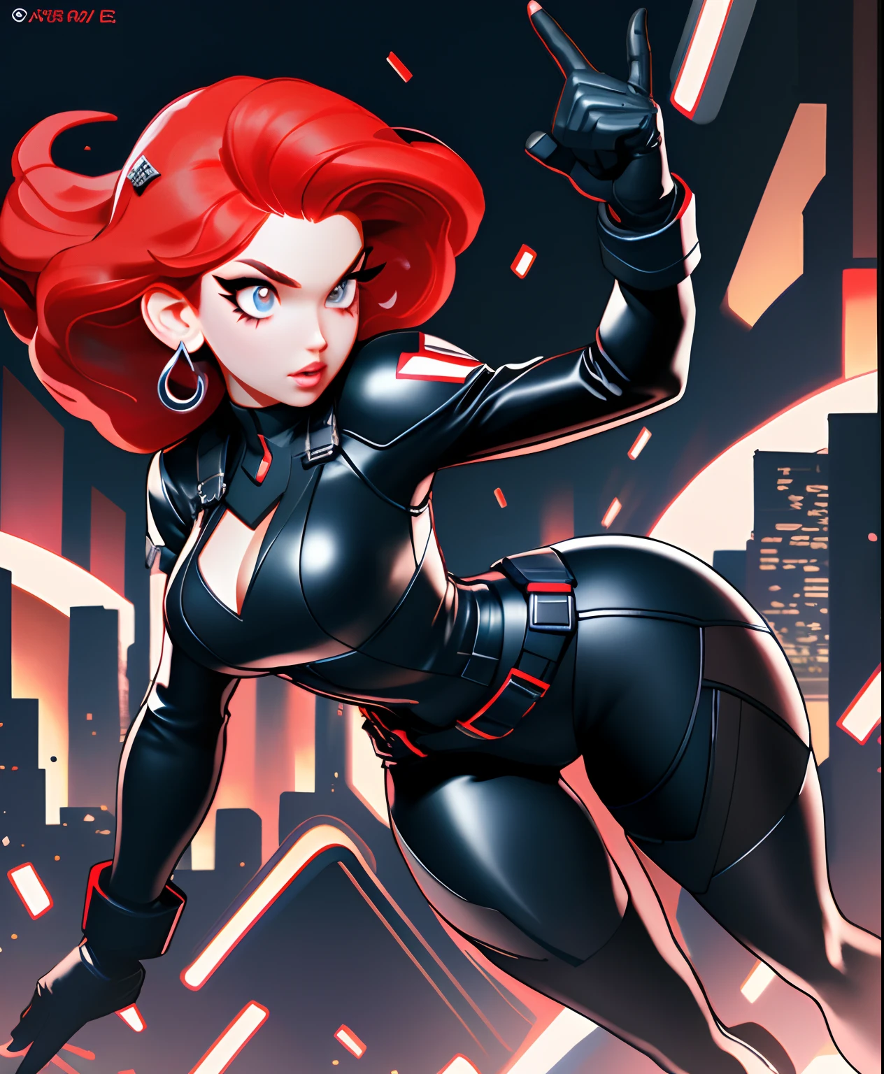 Black widow, short hair, pure black leather tights, pure red hair, attack action, face close-up, action with impact, full body, perspective composition, exaggerated composition, perfect composition, perfect eyes, large perspective, dynamic composition, background is city, neon, night