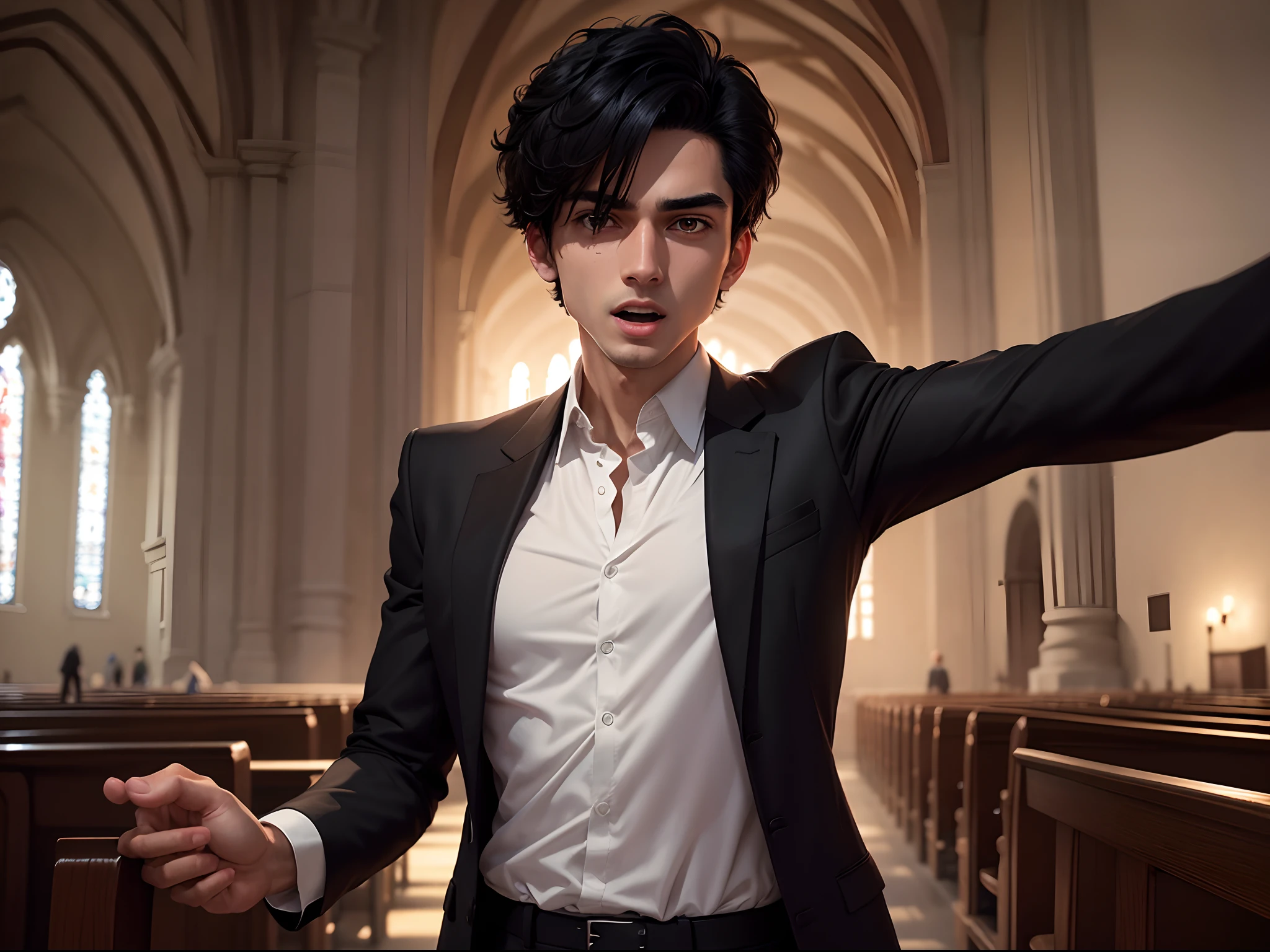 8K realistic image of a 25 year old male, short black hair, dressed in a black blazer and a white blouse underneath, insane expression, arms open for a hug, inside a church, night scene