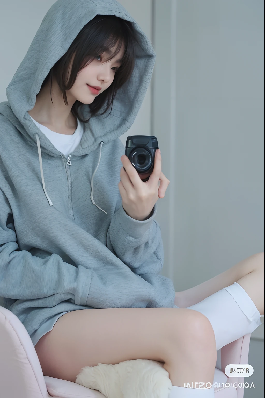 arafed woman sitting on a chair holding a camera and taking a picture, girl wearing hoodie, ulzzang, gray hoodie, wearing hoodie, black haired girl wearing hoodie, grey hoodie, wearing an oversized hoodie, in a hoodie, photography], wearing a hoodie, grey clothes, male ulzzang, gray color, Best picture quality, masterpiece, ultra high resolution, 8k, cleavage, big boobs, bust detail, hair detail, eye detail, sharp eyes, thin smile, professional lighting