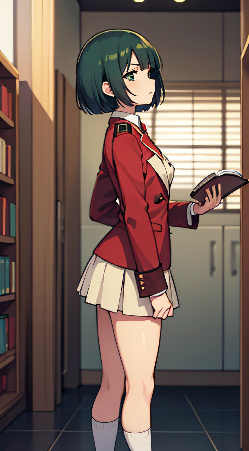 ((masutepiece, of the highest quality)), (Solo), profile, Built for cameras、Oriented, profile,sleepy,uniform, Long white shirt, Blue tie, Red Blazer, Red vest, Beige skirt, Skirt is knee-length,Blue High Socks, Loafer shoes, Girl, small tits , Slender thighs, Soft skin, clean big dark green eyes (High detail eyes), Silky short bob that falls straight to shoulder length, short hair towards the back of the head, Dark green hair, atlibrary, walk, Holding a book with both hands, Looking Up, Overhead configuration, Expressing dissatisfaction, Floating Droplets, Lens Flare, Fine Features, Perfect Anatomy, Centered, Perfect distance, Highly detailed, with an intricate, acurate, Highly detailed rich colors, Smooth, Rich colors, acurate, clean, Rich colors, elaborate details, golden ratio illustrations