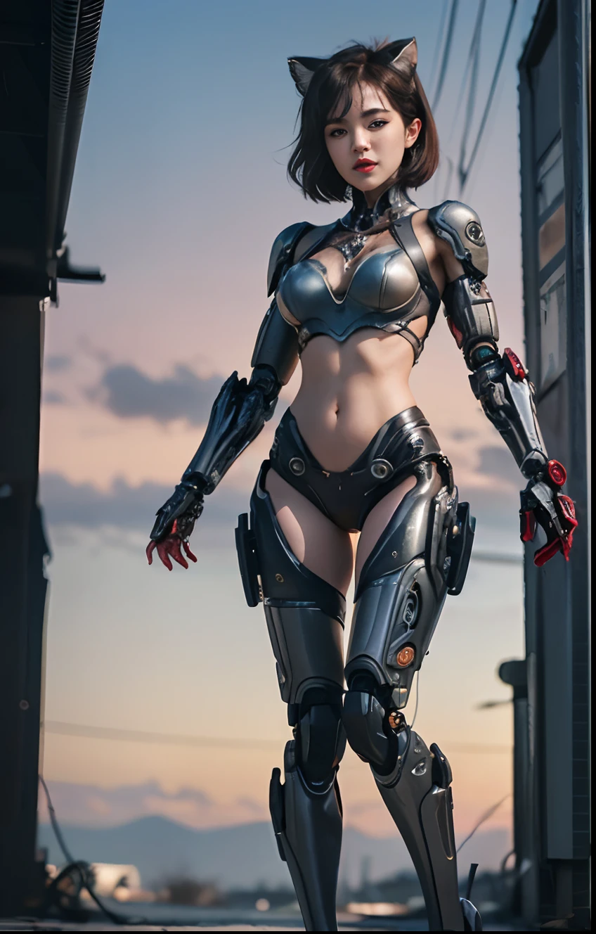 A realistic cinematic shallow focus scene of a cute young biomechanical cyborg kitten female, her full body standing with a fluid movement in a simple barren place with stunning cloudscape and a sunset.

(wearing futuristic clothing (mandarine:0.3) cropped jacket and low cut jeans on top:1) of her (intricately detailed anatomical sculpted biomechanical graphite cyborg arms, intricately detailed anatomical sculpted biomechanical graphite cyborg torso, intricately detailed anatomical sculpted biomechanical graphite cyborg legs), (intricately detailed anatomical sculpted biomechanical graphite cyborg kitten ears).

(Anatomically sculpted biomechanical graphite cyborg、Embroidered with elegant and ornate details (Gemmes de rubis:1.5), cables, wires and crimson microchips masterful crafted into her female cyborg body)

Corps mince et chaud avec un magnifique visage jeune et rond, grands yeux ronds expressifs, lovely full lips, mignon petit nez rond, ([Sombre:rouge:0.55] short medium bob cut messy hair:1.7), (oreilles de chaton), (Mains vides).

Captured with bright natural light and beautiful vibrant colors. 8k resolution image with a masterful cyberpunk style.

The scene has a strong heroic unconquerable mood, a masterful complete scene of the female full body standing with a happy expression.