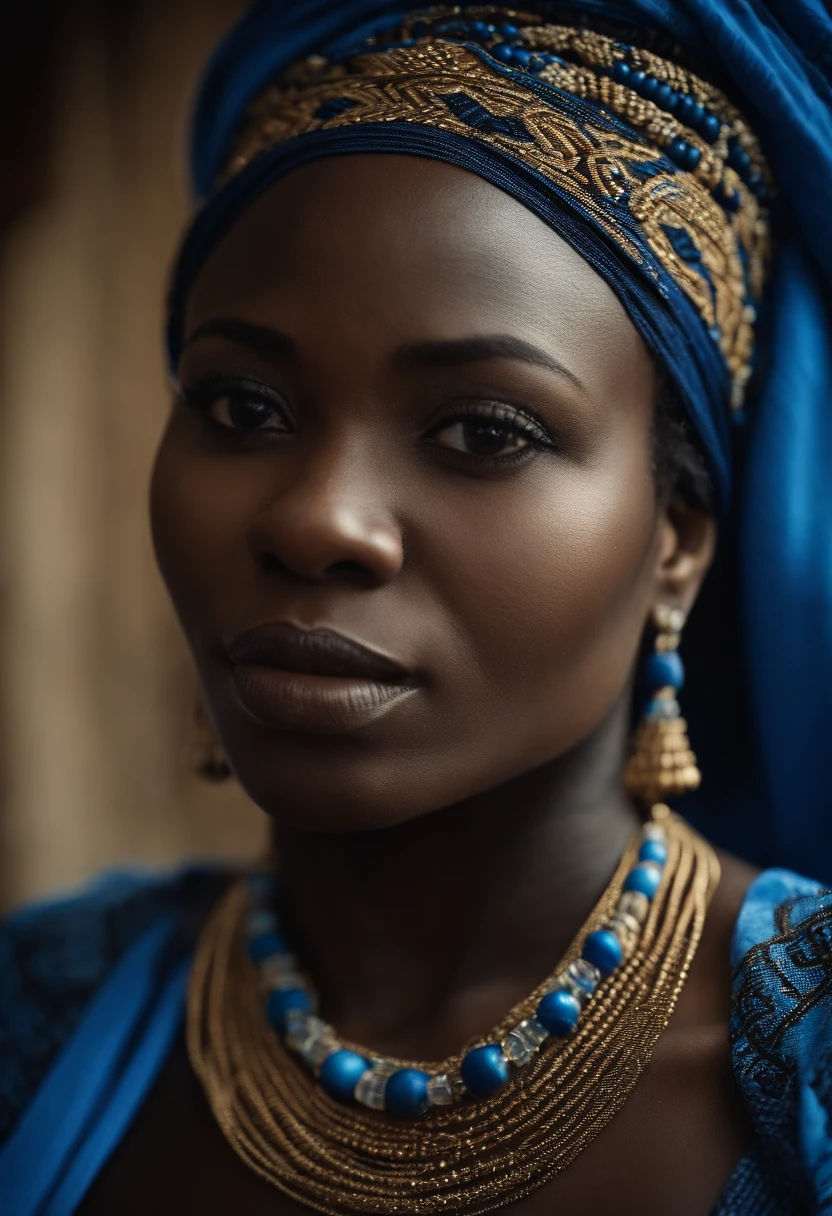 a beautiful young Cameroonian woman wearing the unique rare blue bead chain of the Bamileke of Cameroon