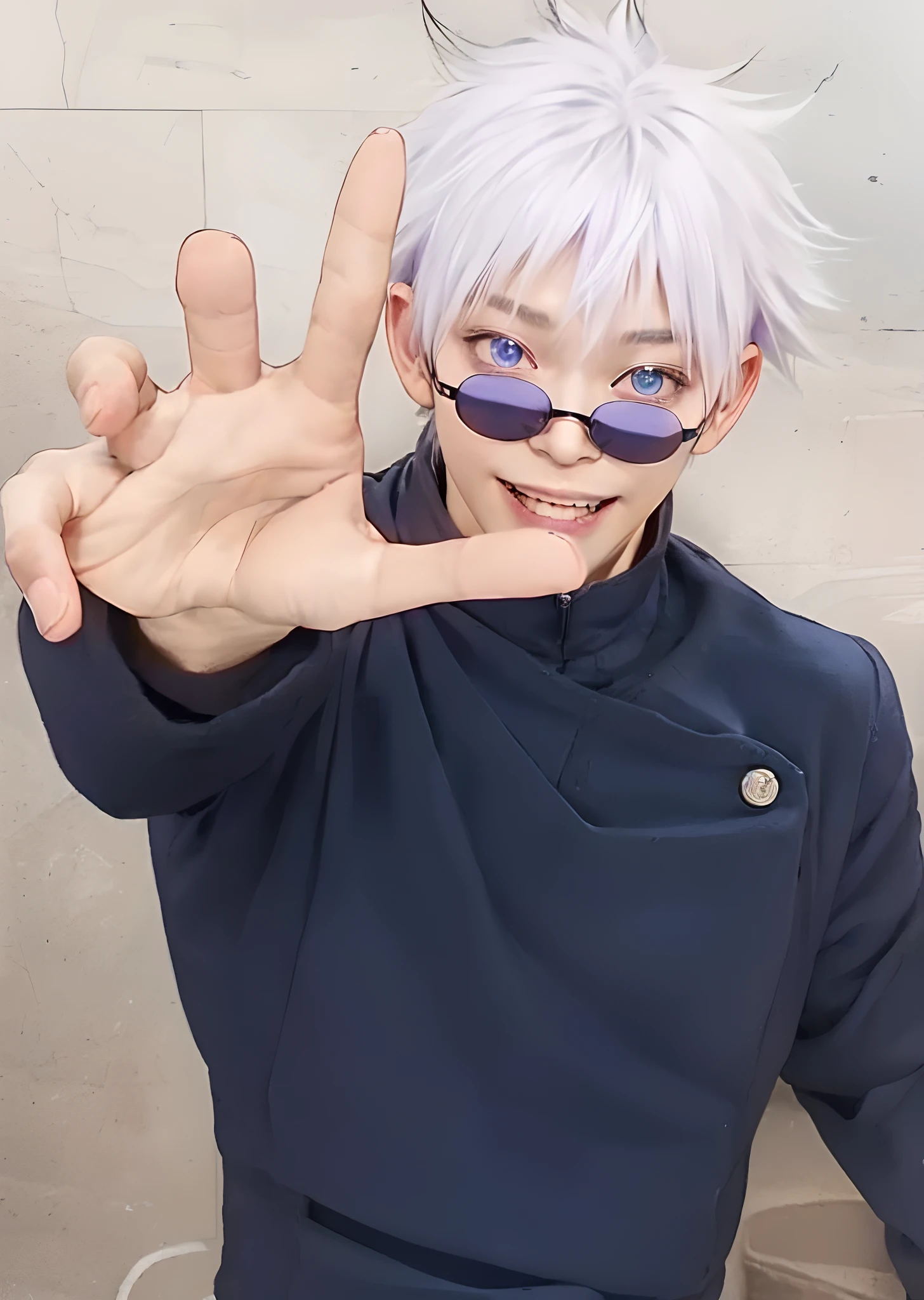 1man, gojo satoru in anime jujutsu kaisen, short hair , white hair, blue ligth eyes, handsome, smile, purple clothes, realistic clothes, detail clothes, city background, ultra detail, realistic
