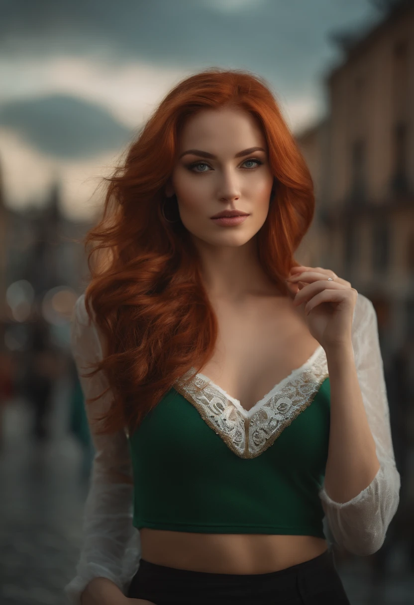 professional, (4k photo:1.1) by (Jeremy Lipking:0.3), (Dittmann Anna:0.3), (Arian Mark:0.3), (Sharp focus:1.3), high detail, wearing (tight shirt:1.2), beautiful detailed face, an attractive woman with long red hair looks into the camera, looking like actress Katherine McNamara, panasonic lumix s pro 50mm f/1.4, anne stokes, color splash, dark orange and dark emerald, ferrania p30, photo realistic, (attractive young woman:1.3), (seductive:1.1), (blushing:1.1), hourglass body shape, big round breasts, wide hips, in background city, taking selfie, wearing jumper