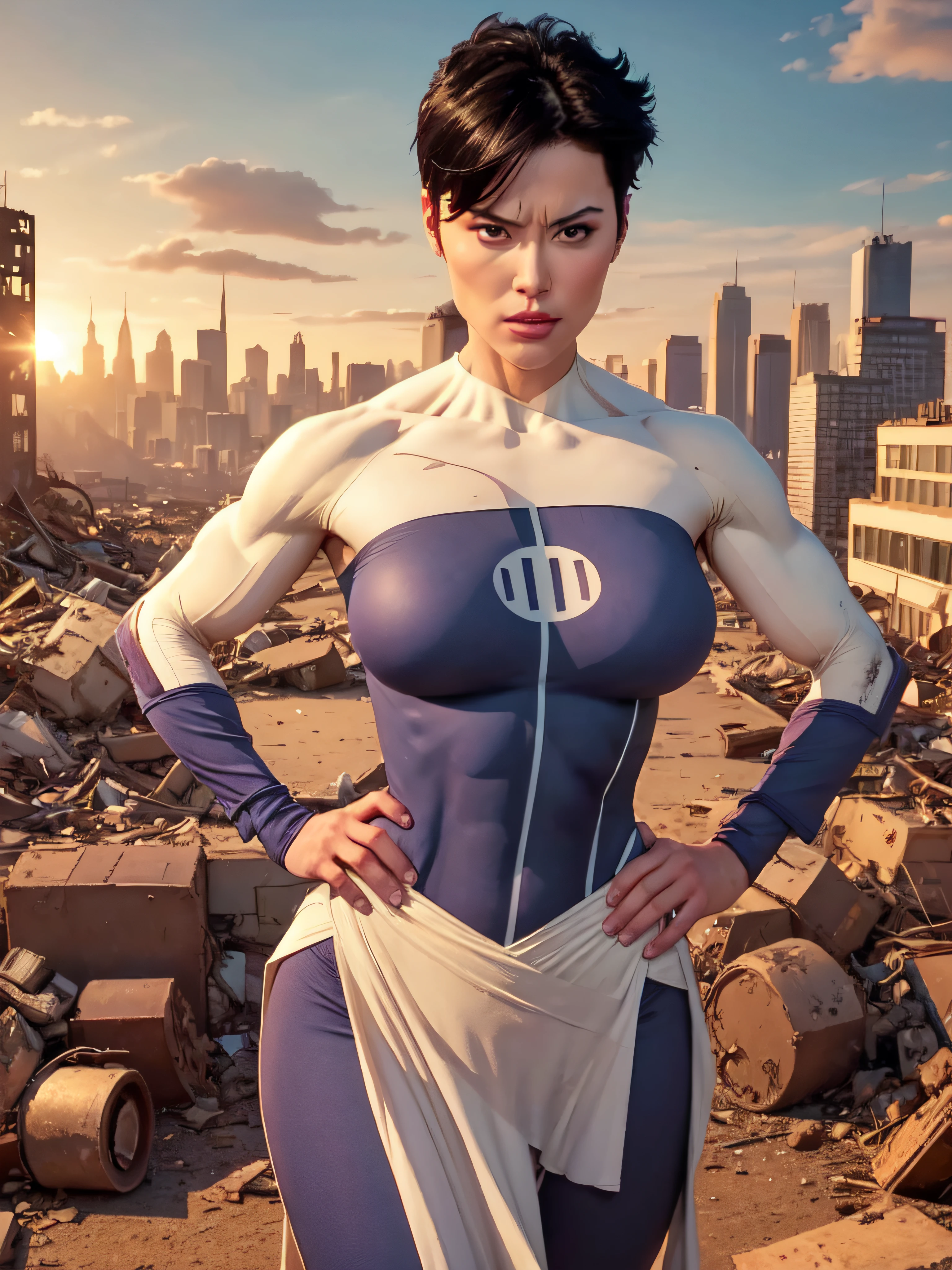 masterpiece, best quality, 1girl, anissa, solo, black hair, short hair, breasts, muscular, bodysuit, hands on hips, destroyed city, ruined city background