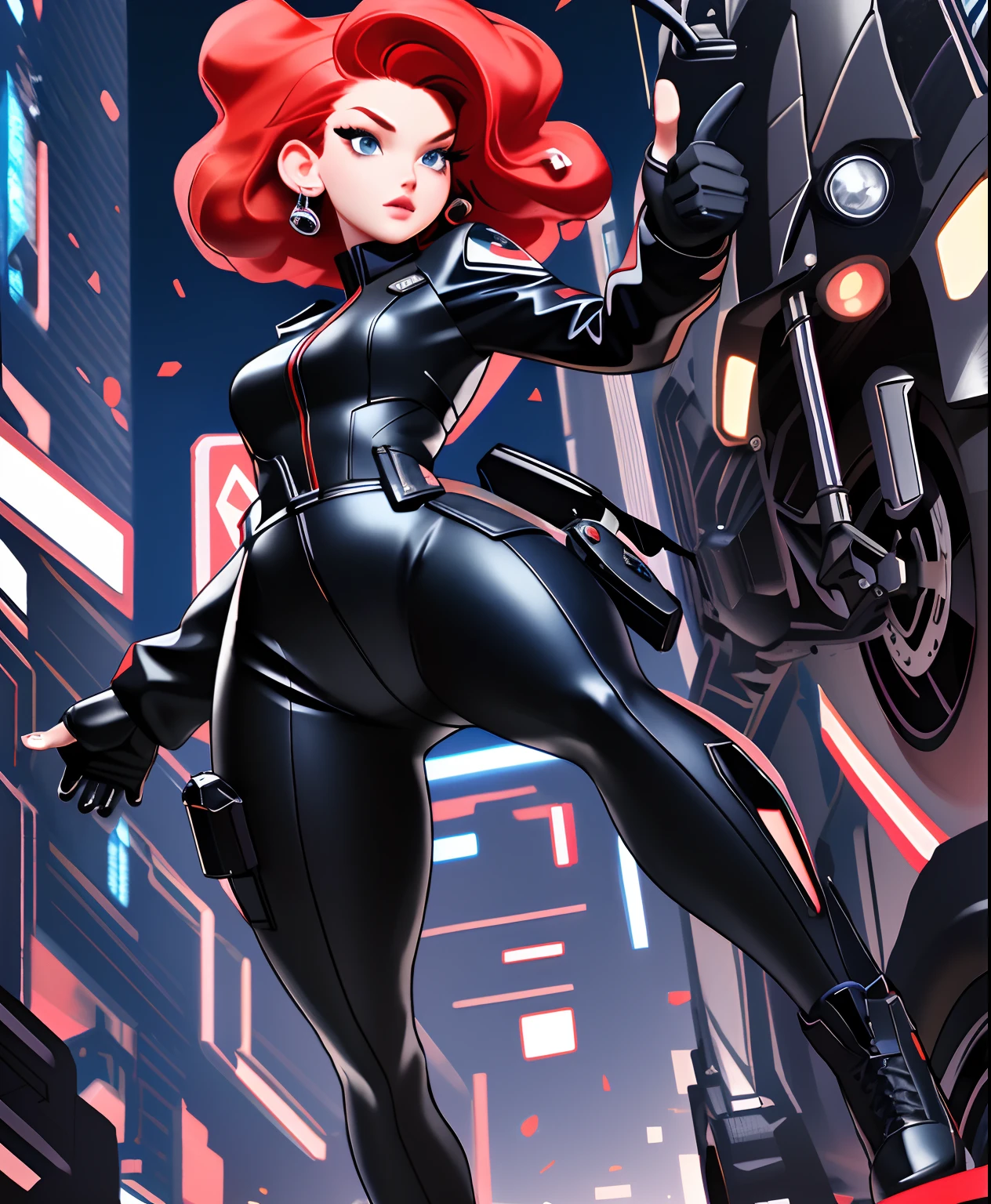 Black widow, short hair, pure black leather tights, pure red hair, attack action, face close-up, action with impact, full body, perspective composition, exaggerated composition, perfect composition, perfect eyes, large perspective, dynamic composition, background is city, neon, night