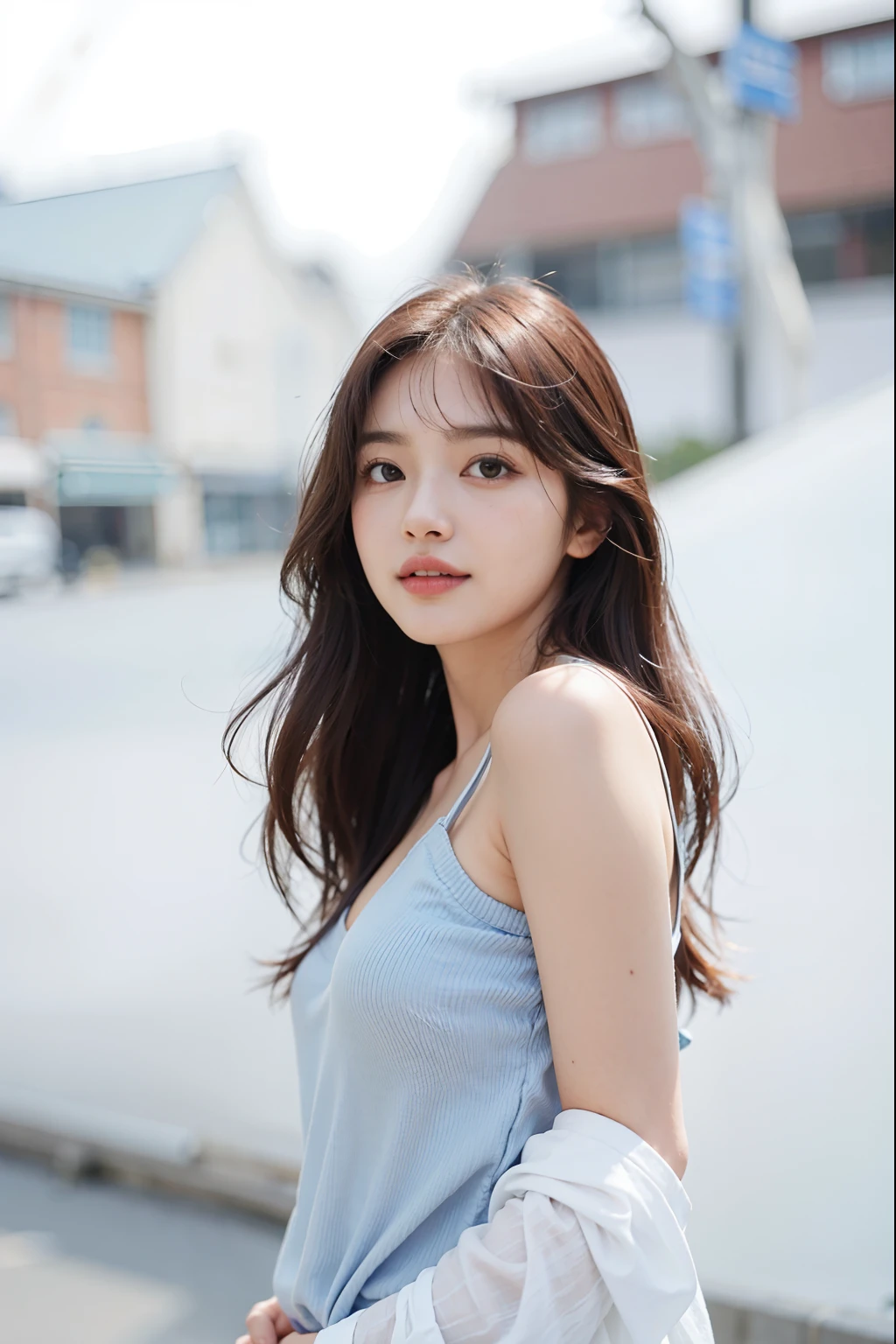 a close up of a woman with long hair wearing a blue top, tzuyu from twice, bae suzy, jaeyeon nam, lee ji-eun, lee ji - eun, gorgeous young korean woman, beautiful south korean woman, cute korean actress, beautiful young korean woman, jinyoung shin, hwang se - on, heonhwa choe, korean girl, Best picture quality, masterpiece, ultra high resolution, 8k, cleavage, big boobs, bust detail, hair detail, eye detail, sharp eyes, thin smile, professional lighting