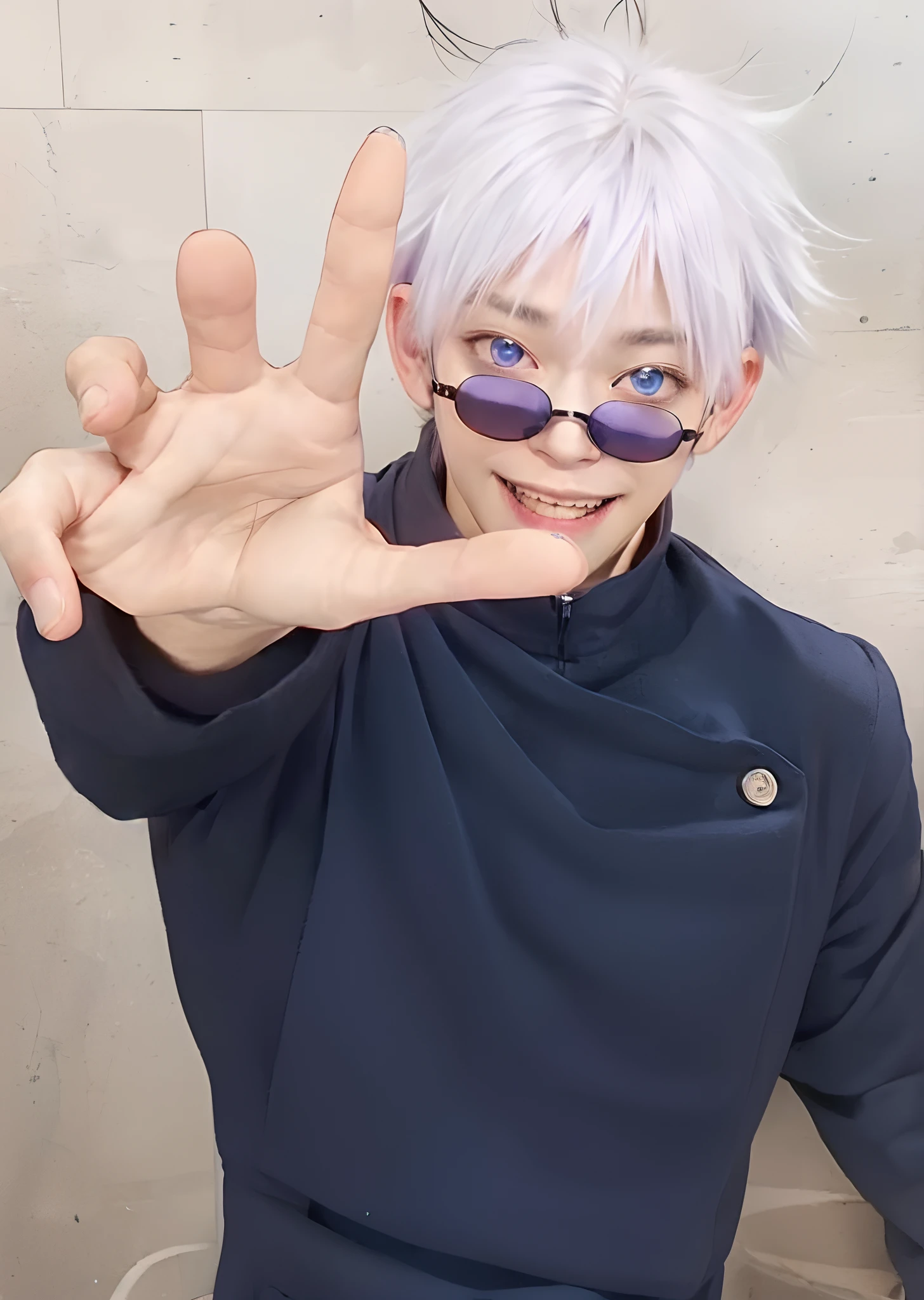 1man, gojo satoru in anime jujutsu kaisen, short hair , white hair, blue ligth eyes, handsome, smile, purple clothes, realistic clothes, detail clothes, city background, ultra detail, realistic