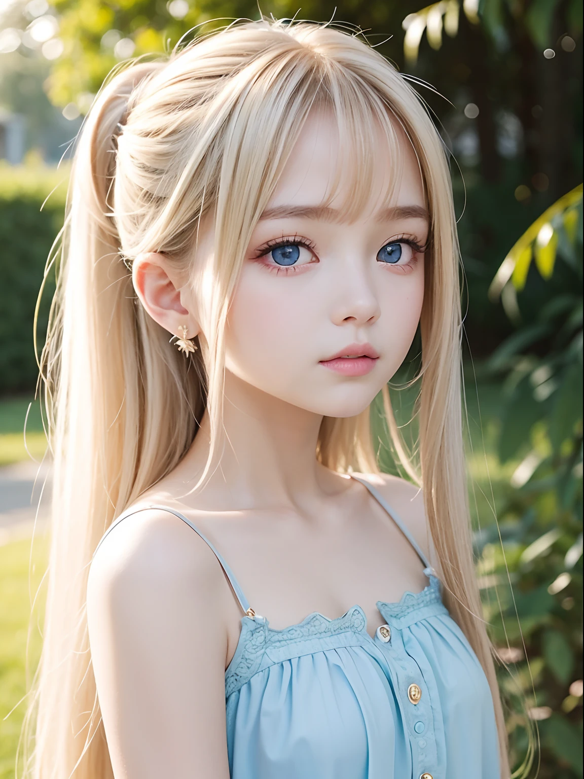 perfectly beautiful face、Beautiful cute girl at 、Sexy but still young, Cute and beautiful、Beautiful big pale light blue eyes、Super Long Beautiful Straight Hair、dazzling golden silky bright blonde hair、long and beautiful bangs、clear double eyelids、eye liner、with round face、bright expression、White beautiful skin、Young luster of cheeks、Innocent look、((put your hair up))