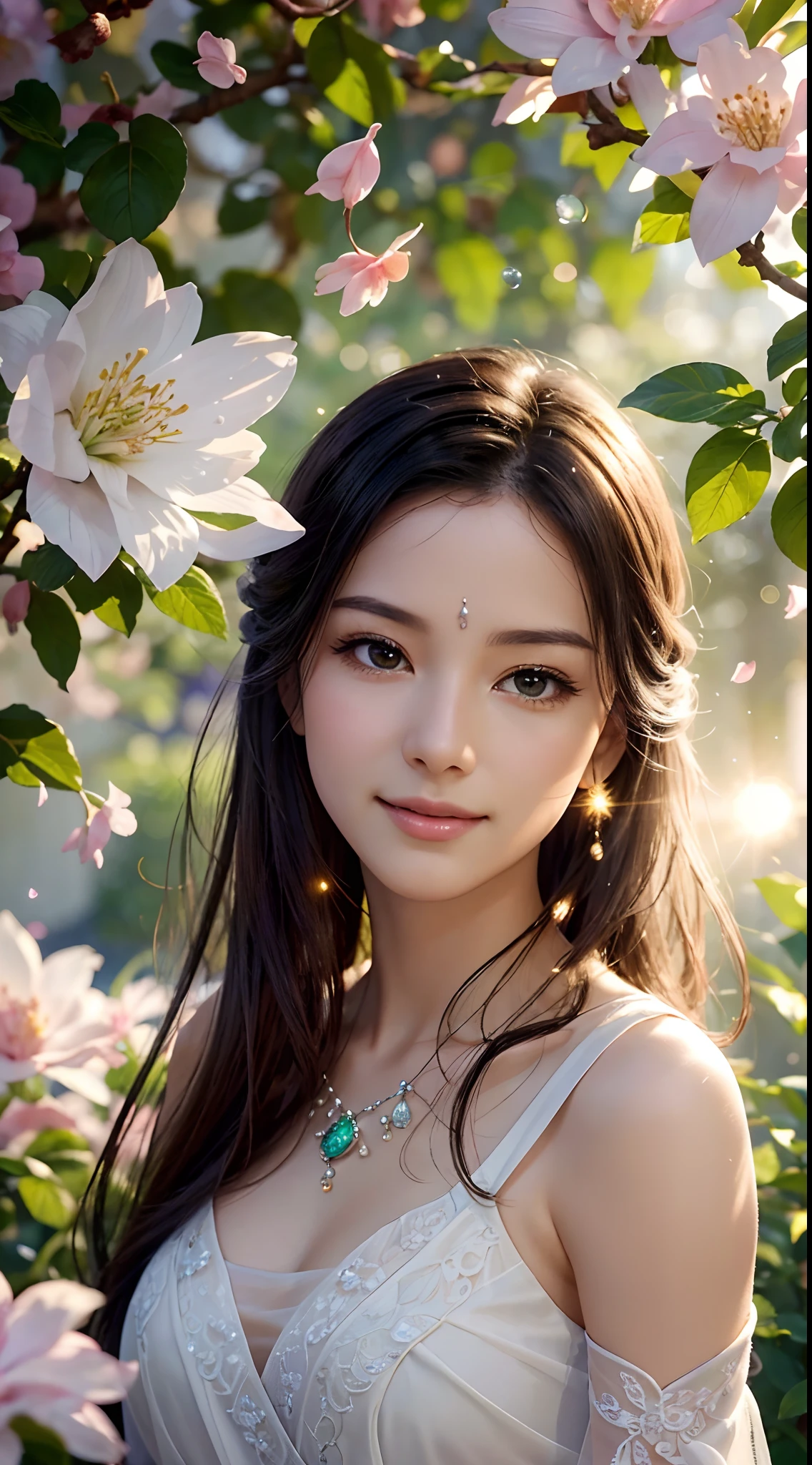 (Best quality,4K,A high resolution,Ultra-detailed,Realistic:1.37),Vivid colors,Sunlight,llight rays,bergamot,white blossoms,Beautiful girl,Exquisite features,Flowing hair,Serene expression,Garden setting,Elaborate dress,Soft sunlight,Gentle breeze,Cheerful ambiance,Backlit scene,a hint of smile,ethereal glowing,Fresh in the morning,Long shadows,harmony of nature,subtle reflections,Natural beauty,Twinkling dewdrops,Clear detail,serenity and calm,Sublime ingredients,Arrive at the branch,whispering leaves,Aromatherapy petals,with light glowing,Sparkling highlights,Subtle shadows,Soft focus,Sublime beauty,Whisper natural,Fantastical Atmosphere,Illuminated background.