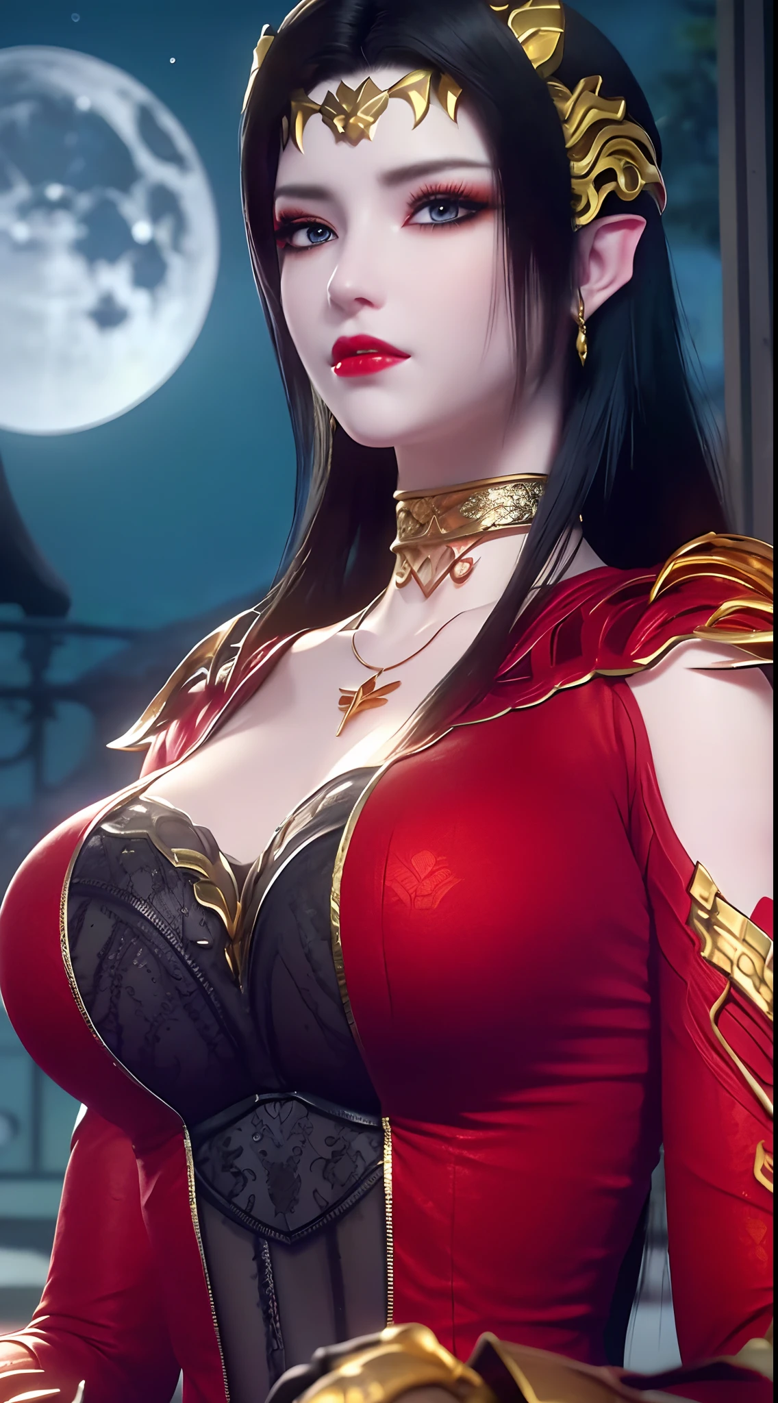 1 extremely beautiful queens,((wearing sexy red and black armor :1.6)), (((Eye-catching patterns on the shirt:1.6))), ((long black hair:1.6)), jewelry elaborately made from precious stones and beautiful hair, ((wearing a 24k gold lace necklace:1.4))), the noble, noble style of an extremely beautiful girl, her small face is super cute, her face is very pretty, thin eyebrows, flawless beautiful face, ((black eye pupils: 0.8)), very beautiful eyes, ((platinum blue eyes: 1.6)), (((eyes wide open:1.6))), nice makeup and hair detailed eyelashes, steamy eye makeup, high nose, earrings, red lips, ((closed mouth: 1.5)) beautiful lips, slim hands, most beautiful thighs, ((arms spread out to the sides: 1.5)), rosy face, clean face, flawless beautiful face, smooth white skin, (big breasts: 1.5)), ((high breasts: 1.6)), tight breasts, beautiful cleavage, (((big breasts and super round: 1.8))), ((super tight breasts: 1.7)) , beautiful breasts, perfect body, back arms, chest out, thin black mesh stockings with black lace trim, 8k photo, super high quality, super realistic, super 10x pixels, optical, bright studio, bright edges, dual-tone lighting, (high-detail skin:1.2), super 8k, soft lighting, high quality, volumetric lighting, photorealistic, photorealistic high resolution, lighting, best photo, 4k, 8k quality, blur effect, smooth sharp, 10 x pixel, ((sea and moonlight at night background:1.5)), aurora, lightning, super graphics realistic, most realistic graphics, 1 girl, alone, solo, Extremely sharp image, surreal, (((frontal portrait: 1)))."