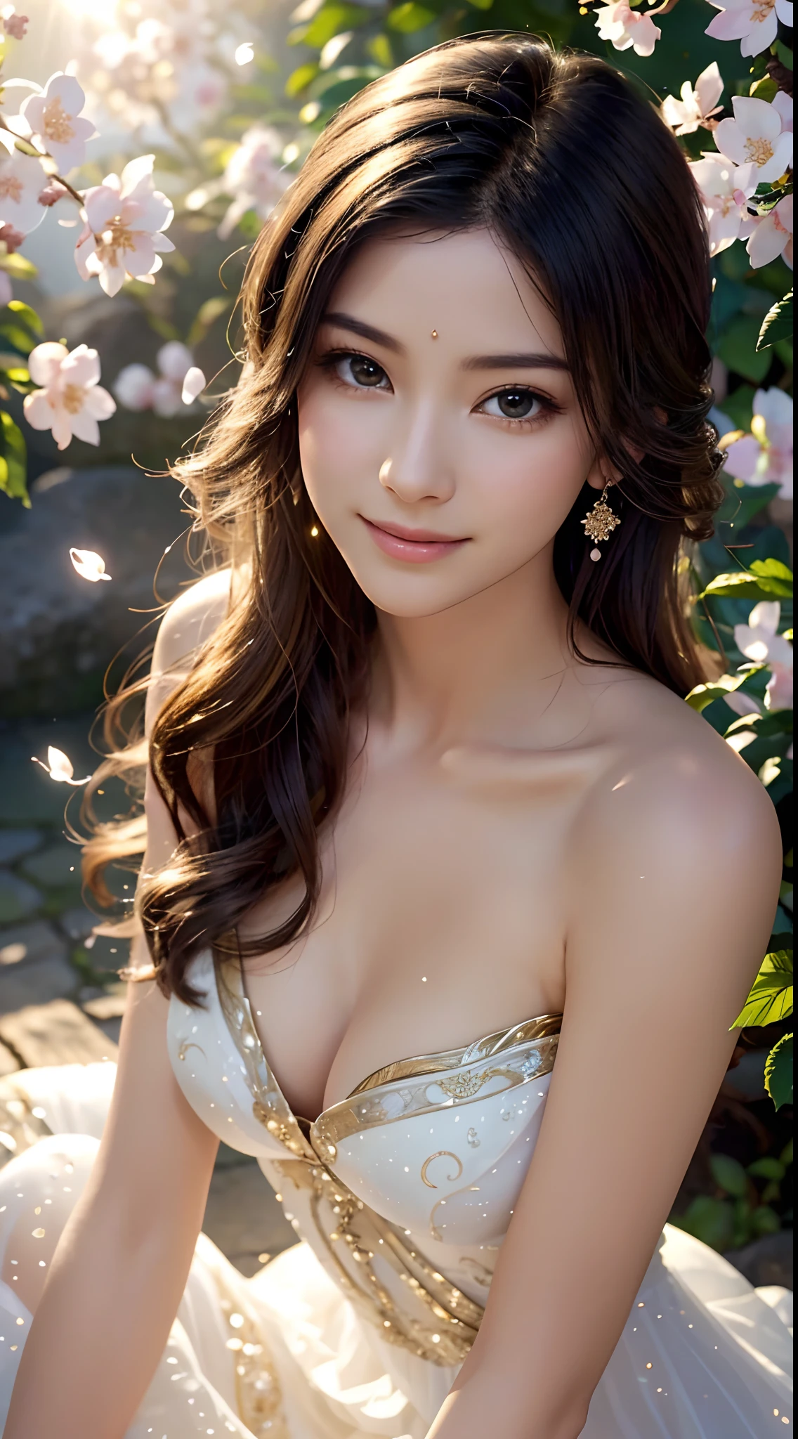(Best quality,4K,A high resolution,Ultra-detailed,Realistic:1.37),Vivid colors,Sunlight,llight rays,bergamot,white blossoms,Beautiful girl,Exquisite features,Flowing hair,Serene expression,Garden setting,Elaborate dress,Soft sunlight,Gentle breeze,Cheerful ambiance,Backlit scene,a hint of smile,ethereal glowing,Fresh in the morning,Long shadows,harmony of nature,subtle reflections,Natural beauty,Twinkling dewdrops,Clear detail,serenity and calm,Sublime ingredients,Arrive at the branch,whispering leaves,Aromatherapy petals,with light glowing,Sparkling highlights,Subtle shadows,Soft focus,Sublime beauty,Whisper natural,Fantastical Atmosphere,Illuminated background.