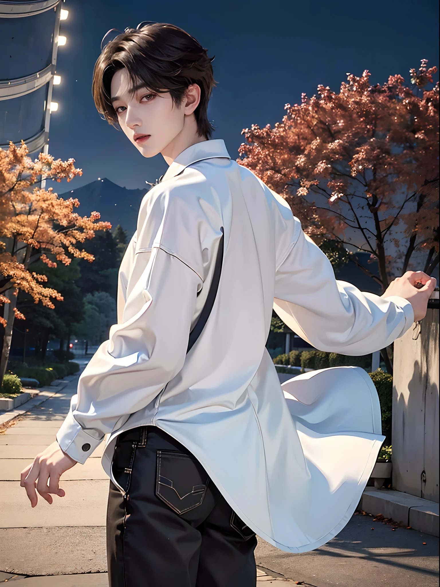 ​masterpiece、（top-quality)、((high-level image quality))、One Manly Boy、Slim body、((White Y-shirt and long black pants))、(Detailed beautiful eyes)、Walking together on the road at night、Face similar to Chaewon in Ruseraphim、((short hair above the ears))、((Smaller face))、((Neutral face))、((Light brown eyes))、((Korean boy))、((18year old))、((Handsome man))、((Wild look))、((Korean Makeup))、((elongated and sharp eyes))、((Walk in front of the viewer))、((shot from back))、((The upper part of the body))