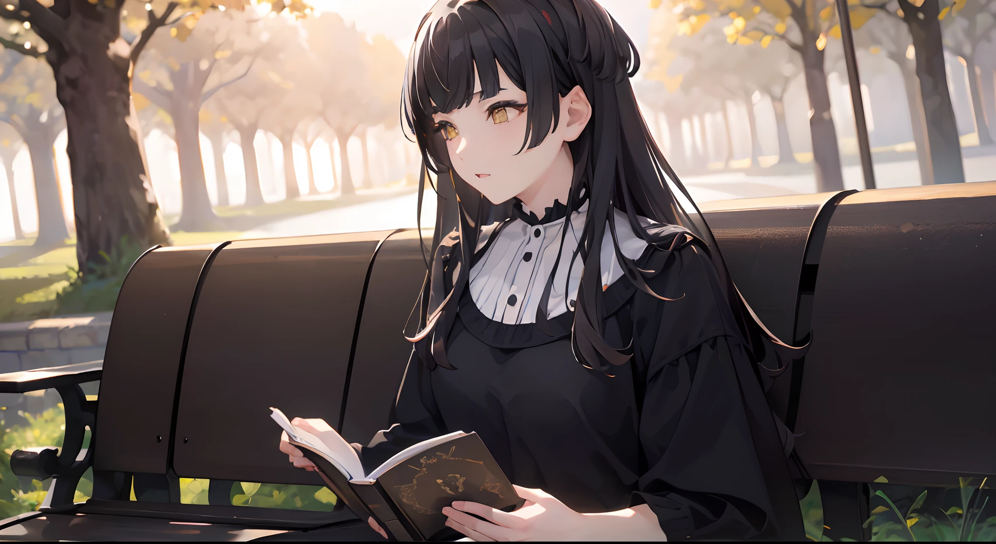 masterpiece, best quality, 1girl, black hair, ,yellow eyes, plain white shirt, sitting on a bench, reading a book, closed up, detailed background, detailed eyes, detailed facial features, realistic and high resolution (best quality, 4k, 8k, highres, masterpiece:1.2).