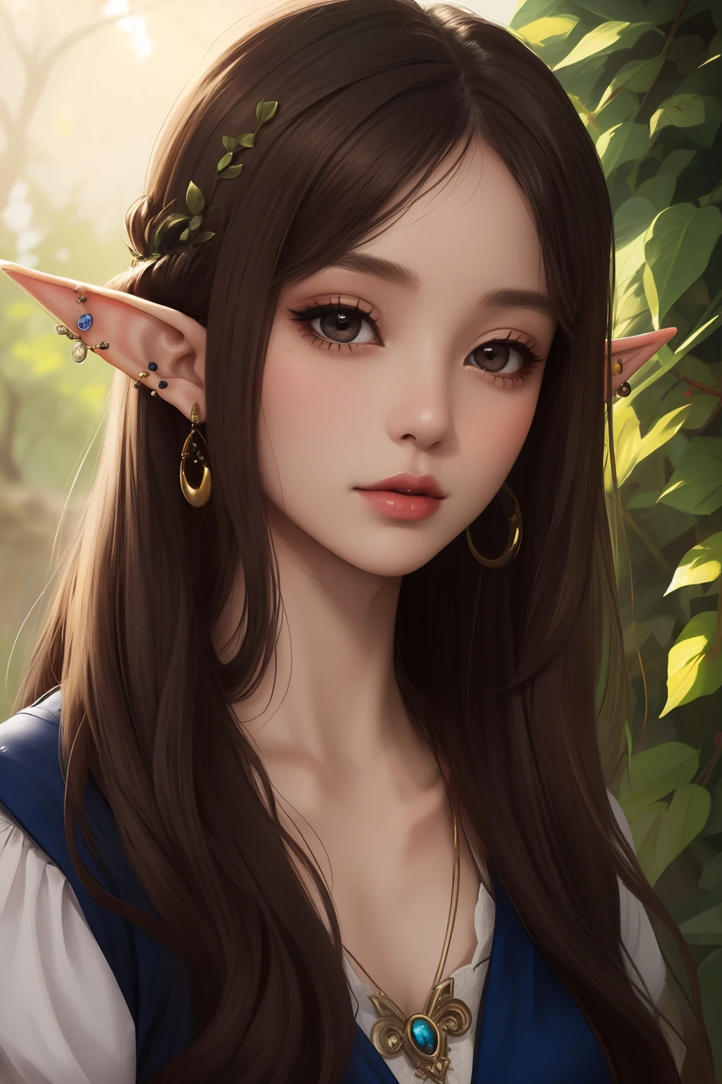 Masterpiece, high quality, (Deep brown skin tone:1.1), elf, fit, beautiful elf, sexy elf, female, portrait, piercings, virgin, black eyes, princess, Aesthetic, pixie cut, sunny day