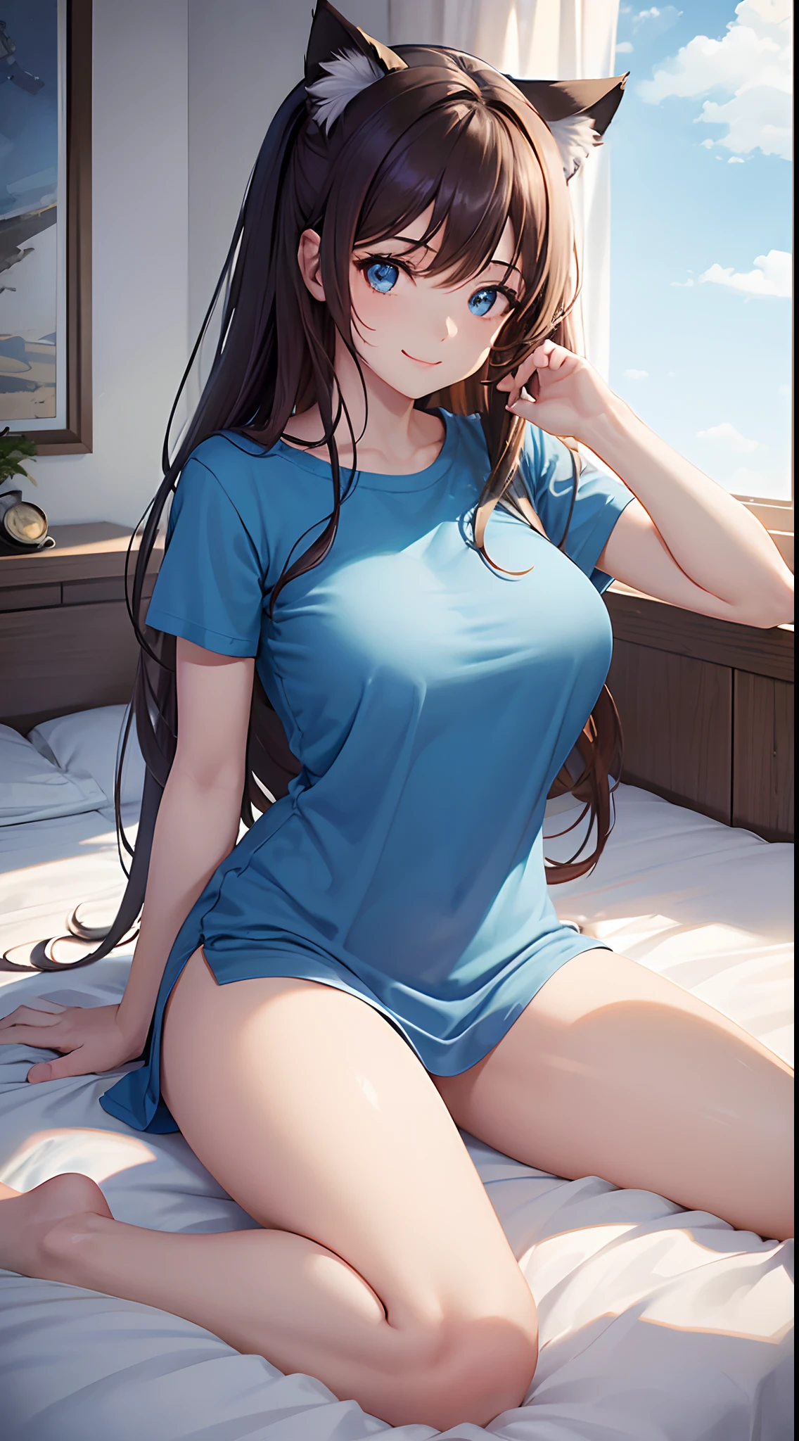 1 girl, long blue t shirt until thighs, home, laying on the bed, lying pose, sunbather position , long brown hair, light blue colour eyes, smiling, excited, beautiful, pale skin, perfect body figure, big breast 1:3, cute , cat ears