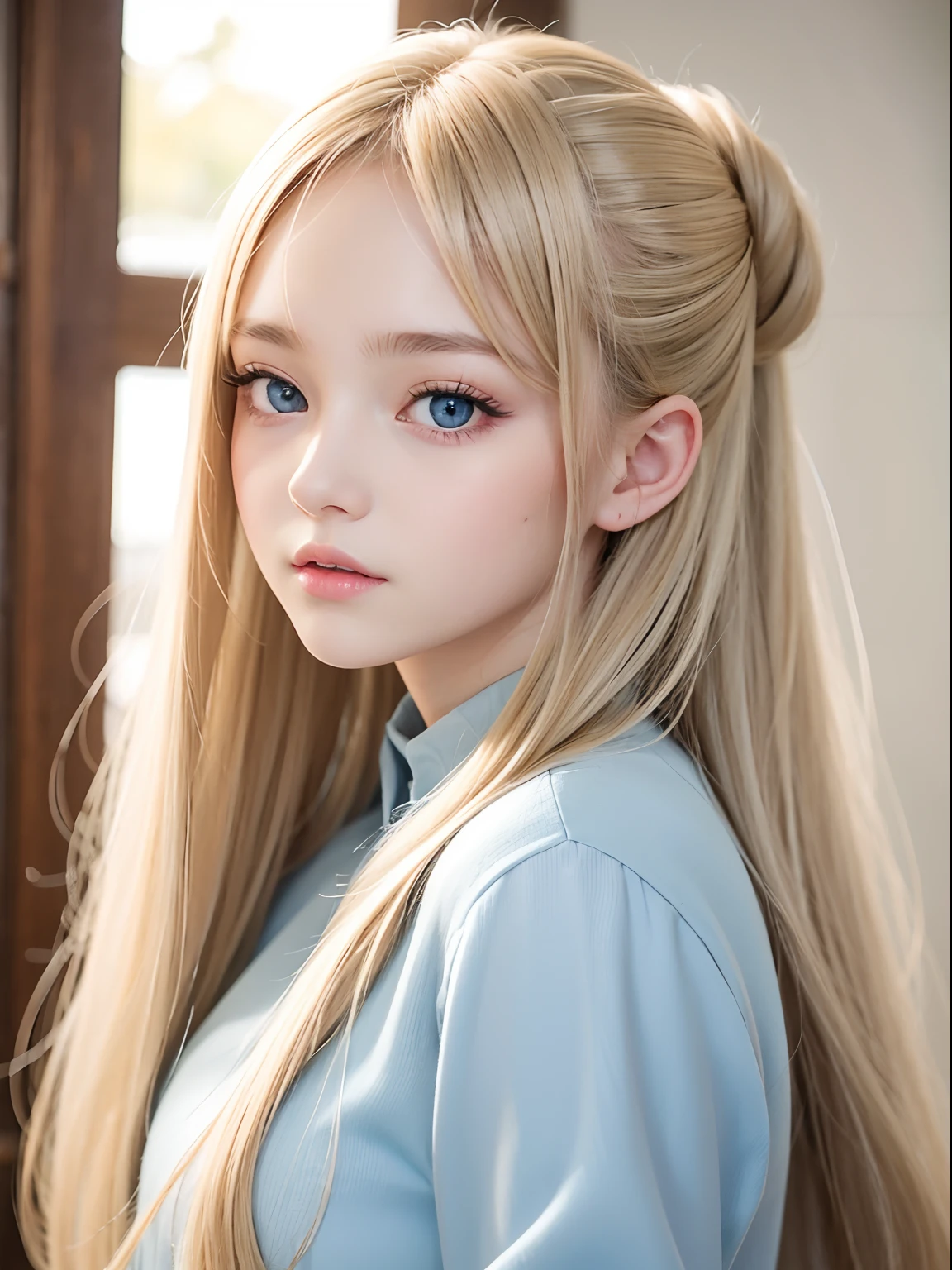 perfectly beautiful face、Beautiful cute girl at 、Sexy but still young, Cute and beautiful、Beautiful big pale light blue eyes、Super Long Beautiful Straight Hair、dazzling golden silky bright blonde hair、long and beautiful bangs、clear double eyelids、eye liner、with round face、bright expression、White beautiful skin、Young luster of cheeks、Innocent look、((put your hair up))