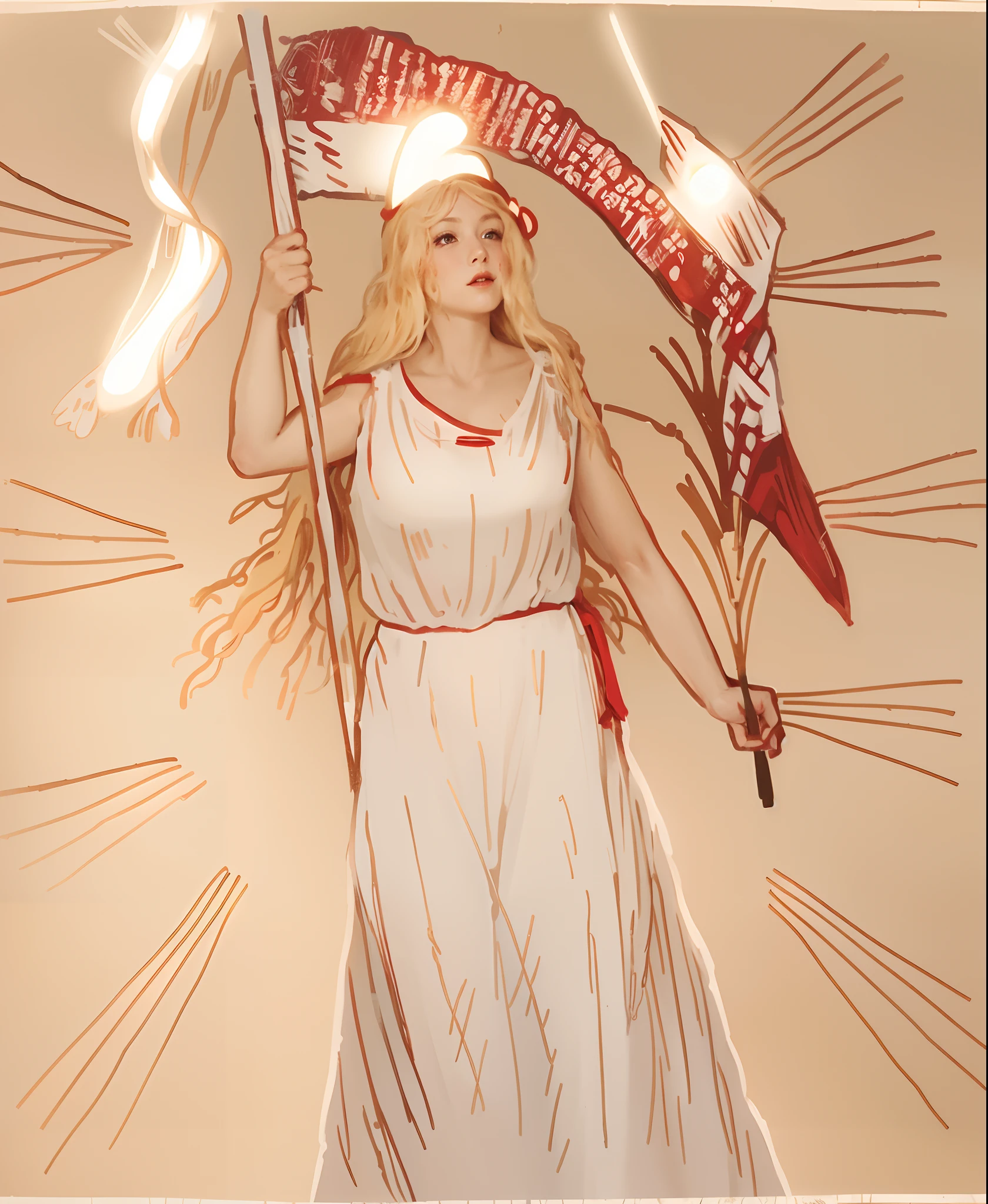 A woman standing with white-red-white Belarusian flag in one hand, and a flower in other hand, blonde hair, glowing