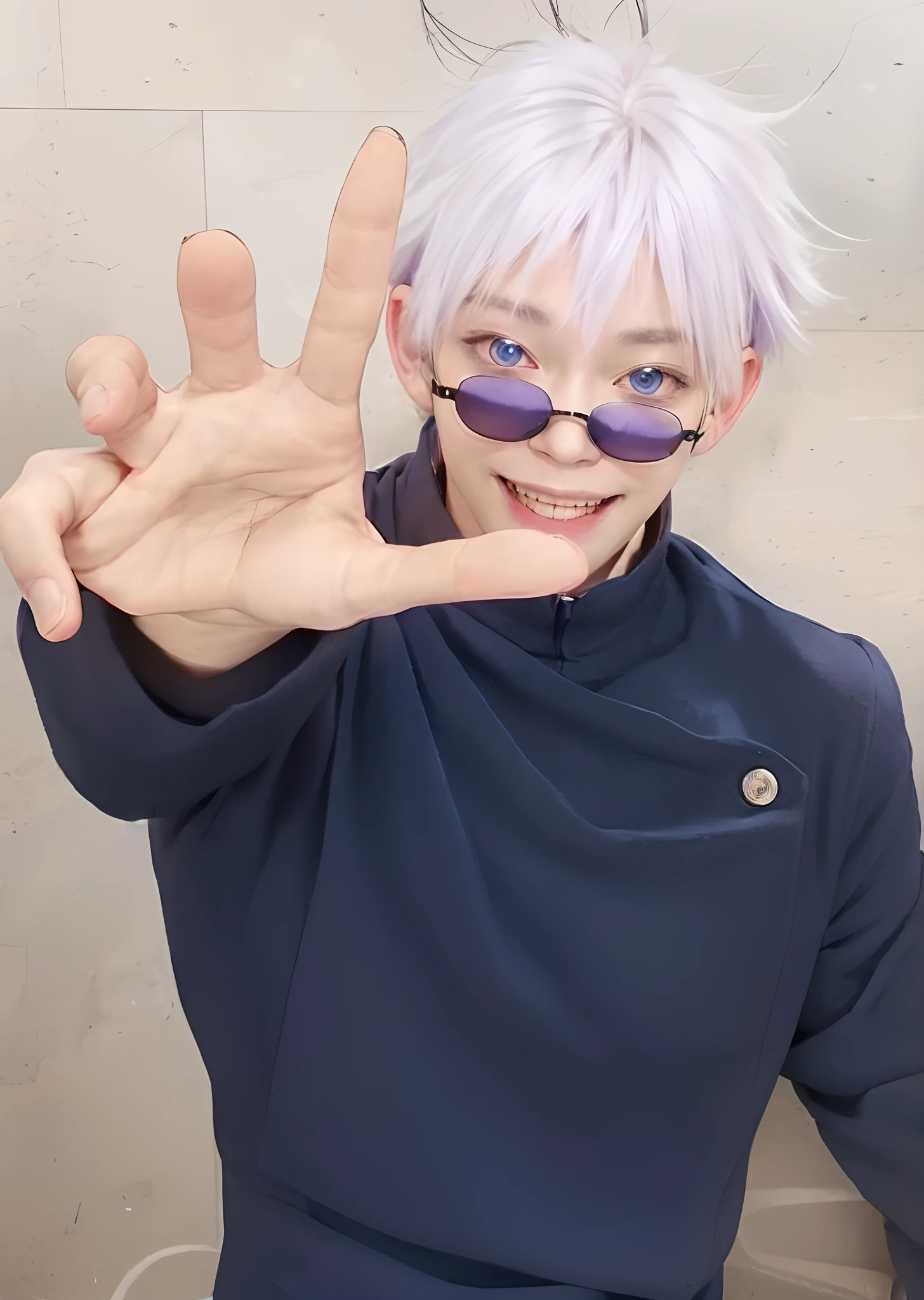 1man, gojo satoru in anime jujutsu kaisen, short hair , white hair, blue ligth eyes, handsome, smile, purple clothes, realistic clothes, detail clothes, city background, ultra detail, realistic