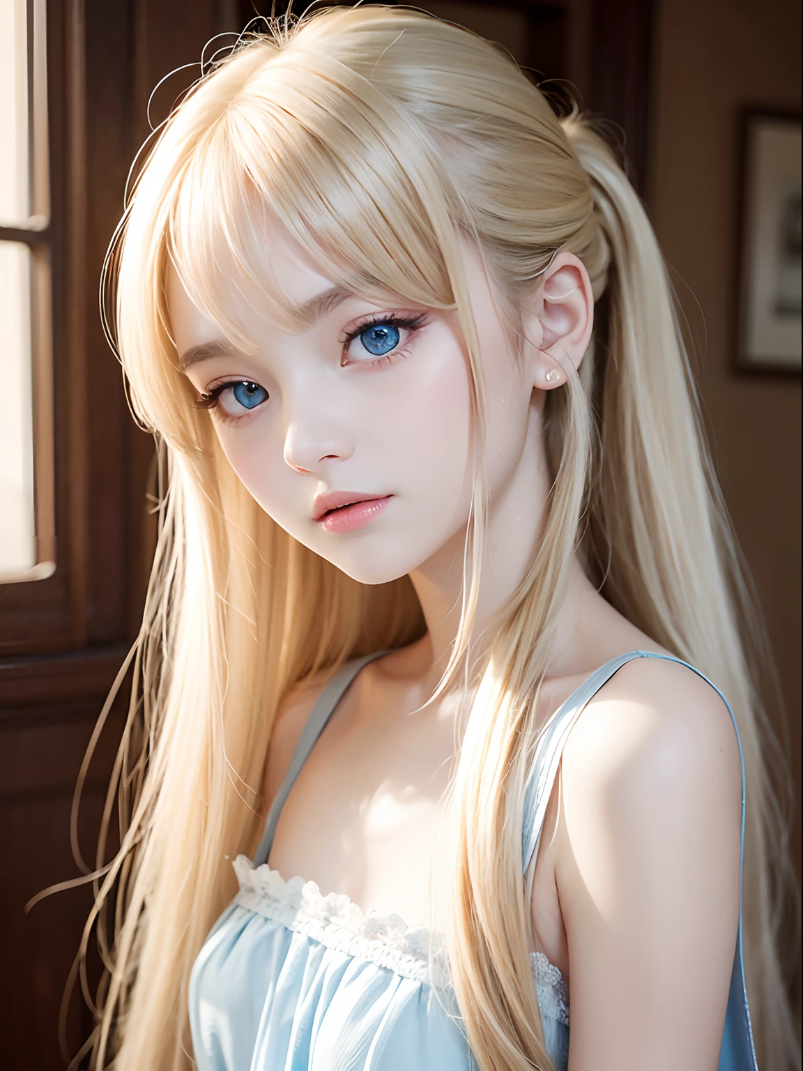 perfectly beautiful face、Beautiful cute girl at 、Sexy but still young, Cute and beautiful、Beautiful big pale light blue eyes、Super Long Beautiful Straight Hair、dazzling golden silky bright blonde hair、long and beautiful bangs、clear double eyelids、eye liner、with round face、bright expression、White beautiful skin、Young luster of cheeks、Innocent look、((put your hair up))