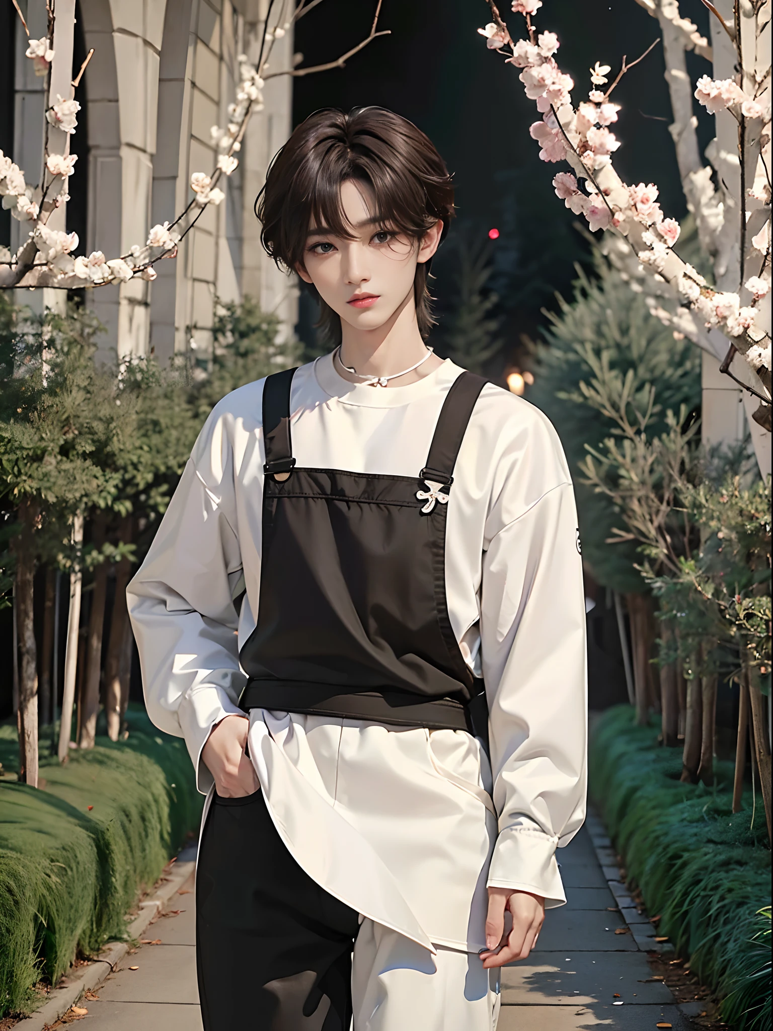 masterpiece、(top-quality)、((high-level image quality))、One Manly Boy、Slim body、((White Y-shirt and long black pants))、(Detailed beautiful eyes)、Walking together on the road at night、Face similar to Chaewon in Ruseraphim、((short hair above the ears))、((Smaller face))、((Neutral face))、((Light brown eyes))、((Korean boy))、((18year old))、((Handsome man))、((Wild look))、((Korean Makeup))、((elongated and sharp eyes))、((Walk in front of the viewer))、((shot from back))、((The upper part of the body))