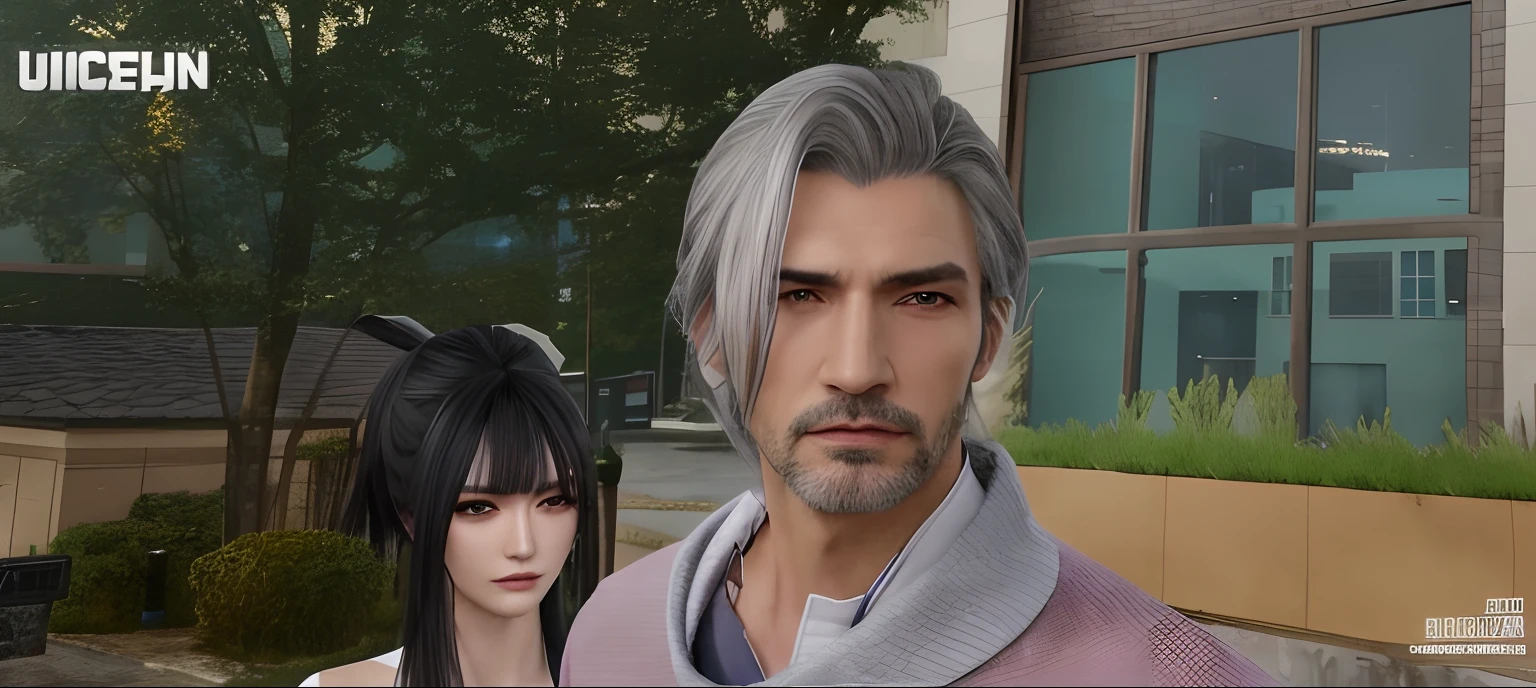 there is a man and a woman standing in front of a building, he has dark grey hairs, second life avatar, with fully detailed faces, sakimichan and frank franzzeta, with very highly detailed face, xqc, handsome stunning realistic, detailed and realistic faces, <mmorpgs scene, silver hair (ponytail), uhd realistic faces