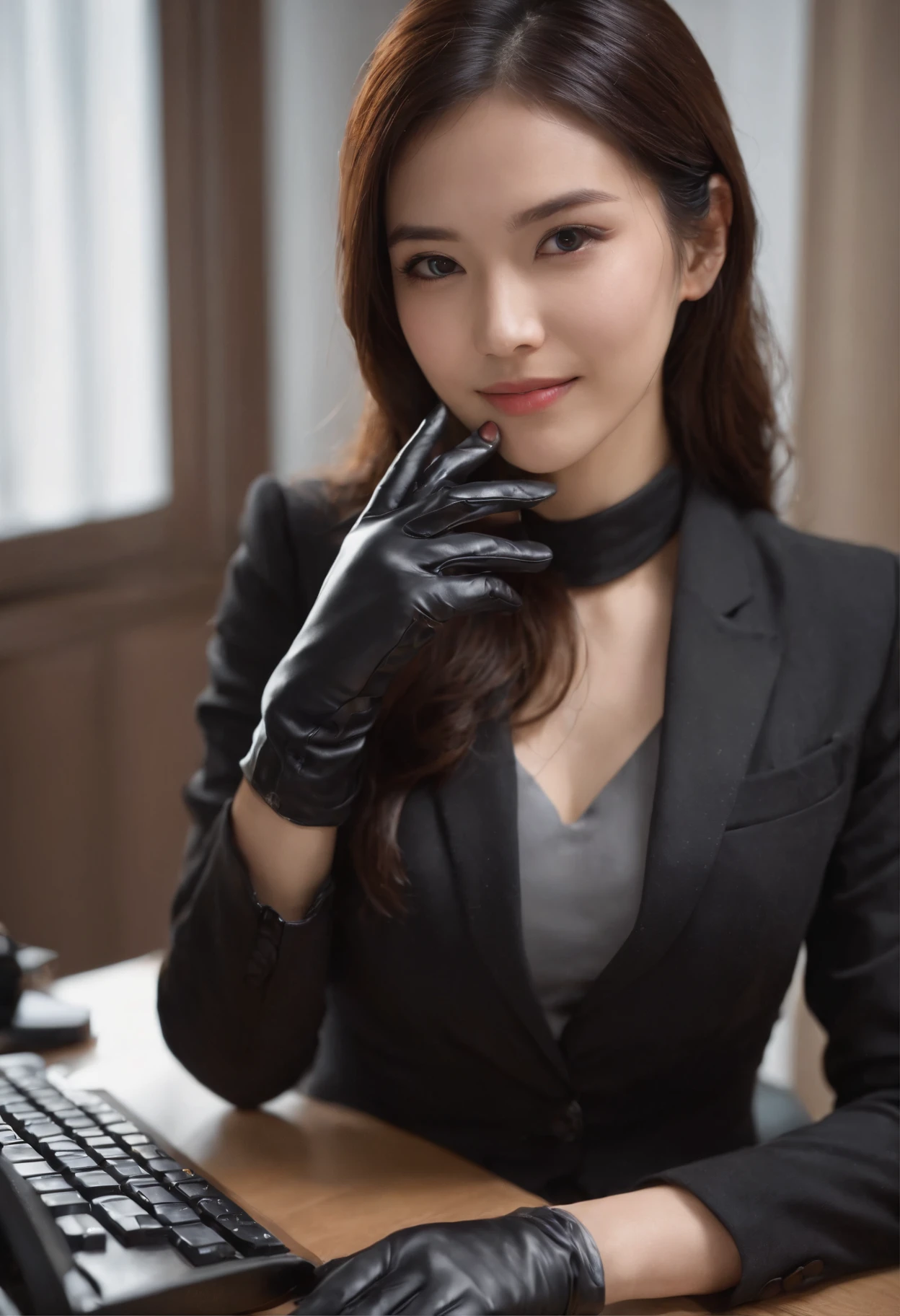 Wearing black leather gloves on both hands, Upper body, Black business suit, Facing the desk in my room with a computer in the dark, Look down and smile, Operating the computer with the fingertips of black leather gloves, Black hair was tied back for a long time, Japan female new employee who is still young and very cute (Black leather gloves cover both hands)