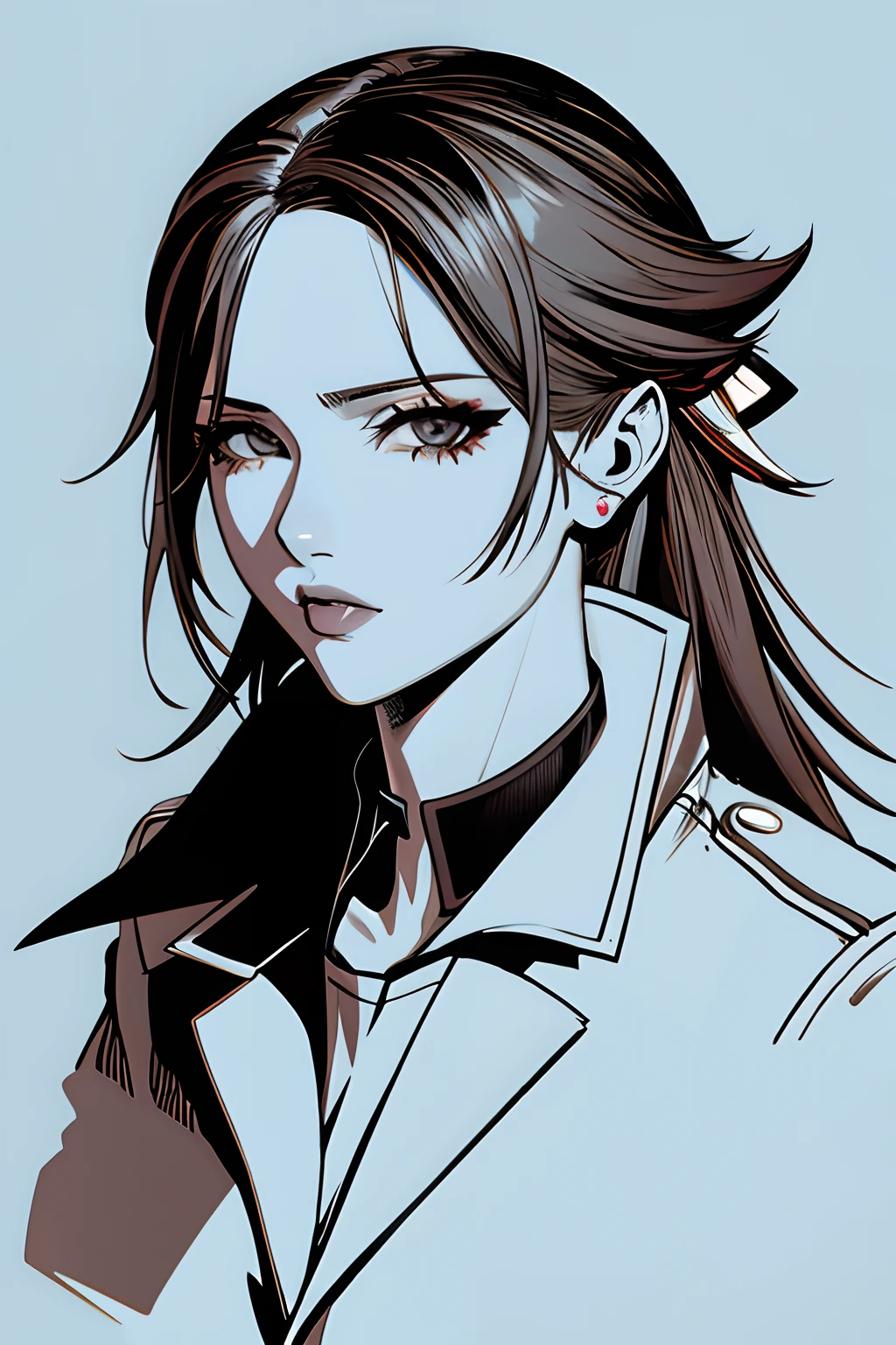 1girl, sozinho, monocromatic, escala de cinza, | |, preto e branco,cabelo longo, retrato, decote, top, boca aberta,  olhando para o espectador, Puxa vigorosamente, sketchfab, grafite \(peitinhos grandes\), , ((Yuji Shinkawa art)) hatching \(textura\)