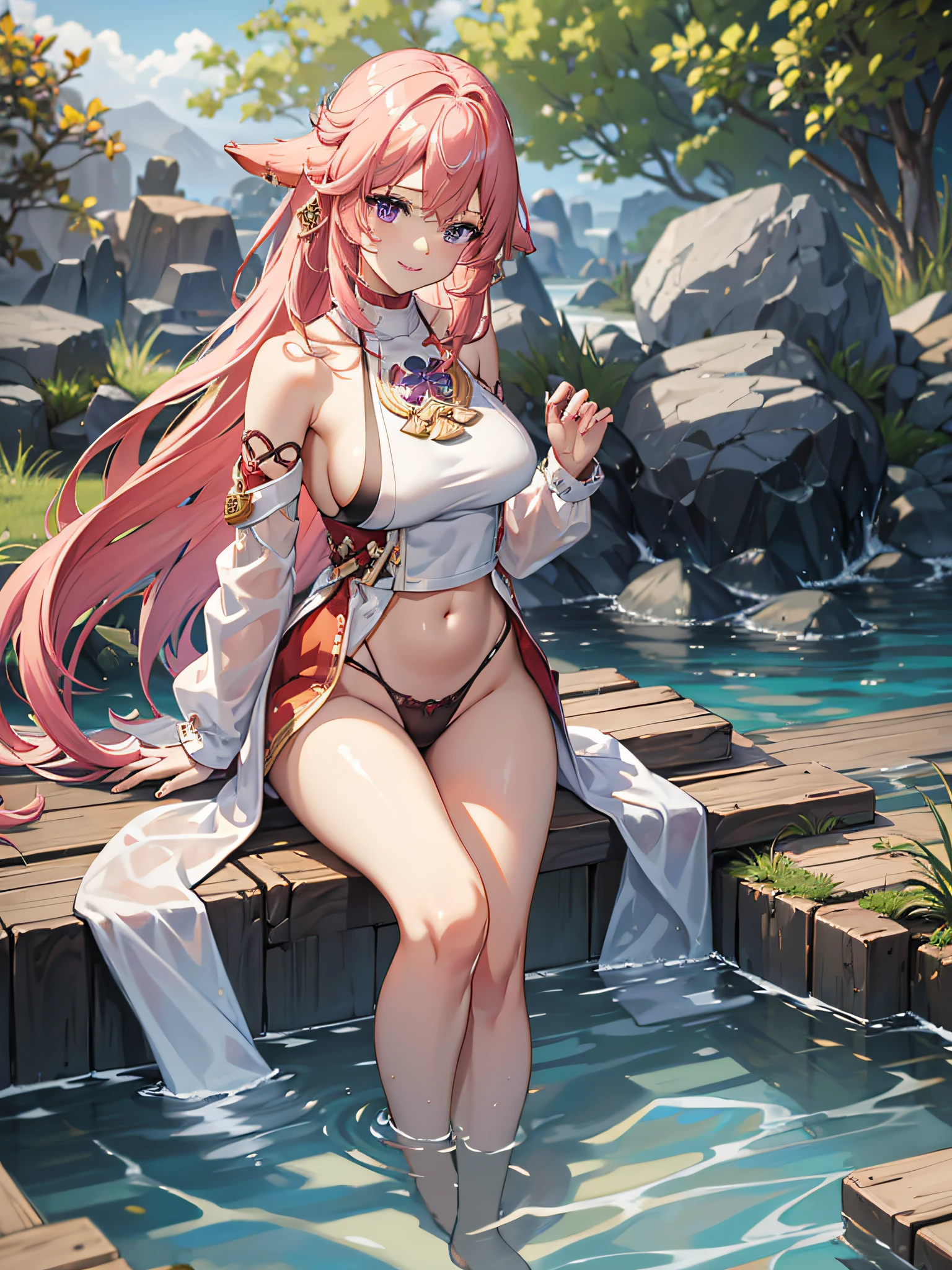 (masterpiece, best quality:1.2), highres, high resolution, solo, 1girl, yae miko, pink hair, side locks, long hair, purple eyes, smile, looking at viewer, no jewellery, no earnings, no clothes, no neclace, no choker , naked, RED, RED bra, RED panties, RED undergarments, bra, panties, navel, bare navel, large breast, large boobs, large chest, light smile, teeth, bare shoulders, collar bones, collar bones exposed, portrait shot, upper body shot, BREAK outdoors, sitting, hot spring, legs in water, legs crossed, legs, thighs, steps, blur background, standing, beautiful face, perfect fingers, perfect anatomy. PORTRAIT SHOT, masterpiece, high quality.