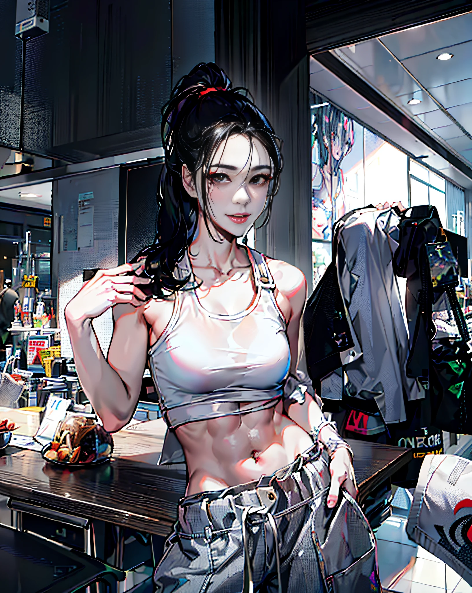 asian woman in a white top and grey pants posing for a picture, fit girl, thin waist, strong abs, fit dainty figure, with abs, skinny waist and thick hips, slender waist, black hair, (((long hair, ponytail, parted bangs, forehead))), beautiful face, detailed face, good eyes, (((perfect anatomy))), mature, mature female, ((anime girl, anime)), detailed background, highres, official art, (masterpiece, best quality, absurdres), ((1girl, solo)), crop top, white bra, grey pants, bare shoulders, looking at viewer, closed mouth, smile, ((black eyes)), stomach, nice belly, thin, skinny, toned, ribs, nice navel, indoors