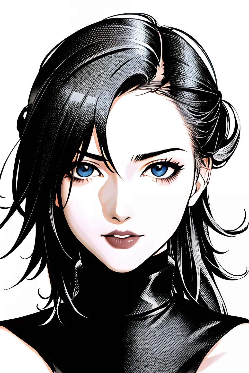 1girl, sozinho, monocromatic, escala de cinza, | |, preto e branco,cabelo longo, retrato, decote, top, boca aberta,  olhando para o espectador, Puxa vigorosamente, sketchfab, grafite \(peitinhos grandes\), , ((Yuji Shinkawa art)) hatching \(textura\)