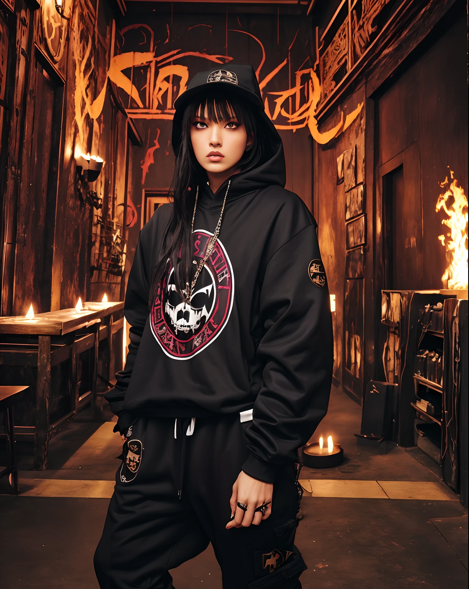savage evil badass hip hop evil female rapper dark mage occultist wearing fullbody fearfeal intimadating baggy saggy supreme, bape, stylish stussy tracksuit clothes dark magic flexing evil hex rituals bright lights and summon room and incarnations