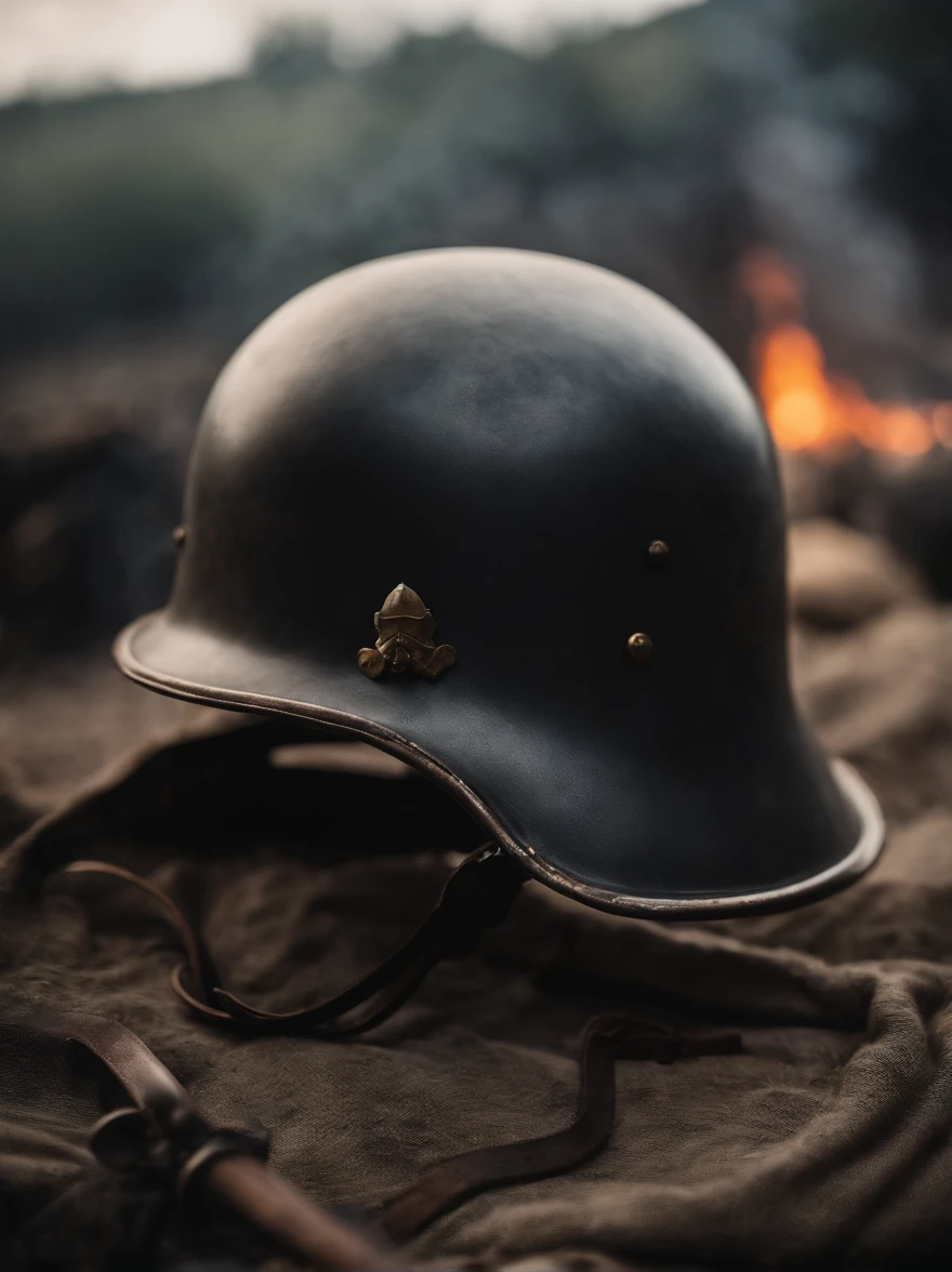 battlefiled,eventide,flame of war,crosses,in a panoramic view,smoke of gunpowder,Worn-out steel helmet