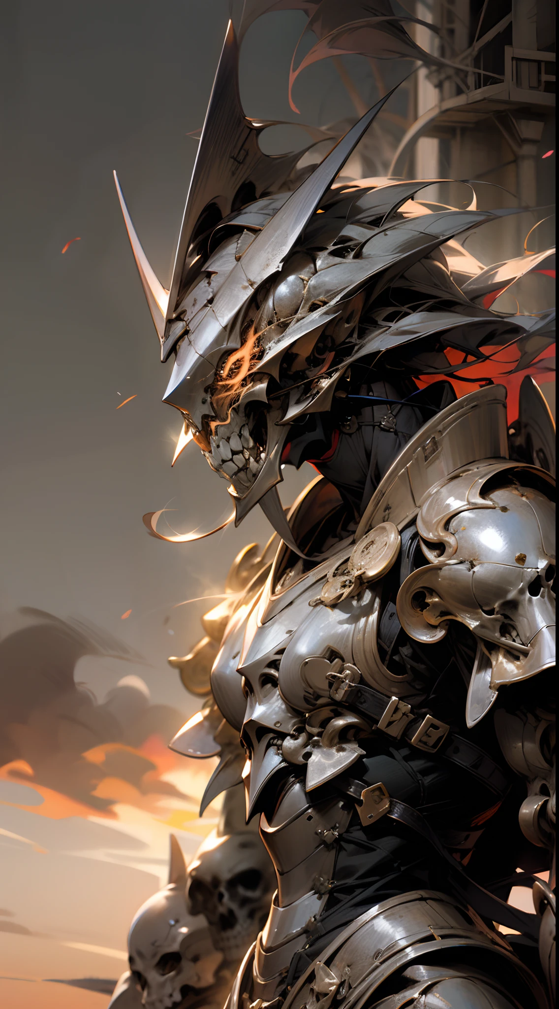 Knight in armor facing a demonic skull, Apocalyptic background at sunset, estilo anime --auto --s2