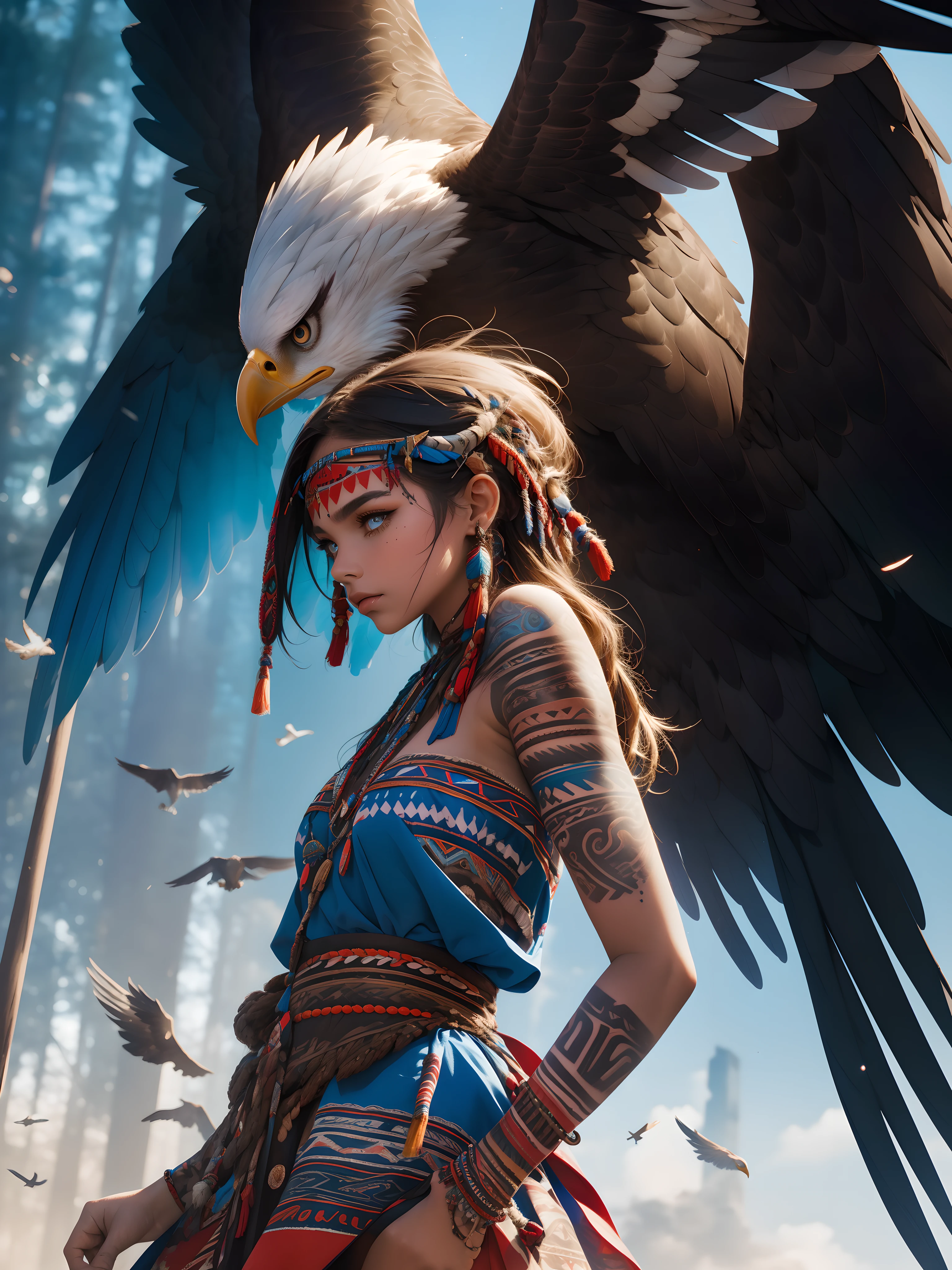 masterpiece, Cowboy shot, (1woman and her Eagle), (tribal dress:1.2), (vertical blue pupils), ((tribal (Eagle) tattoo)), Red and blue colors, foggy background, dynamic pose, (looking in camera), (front view), (from below), (bokeh:1.2)