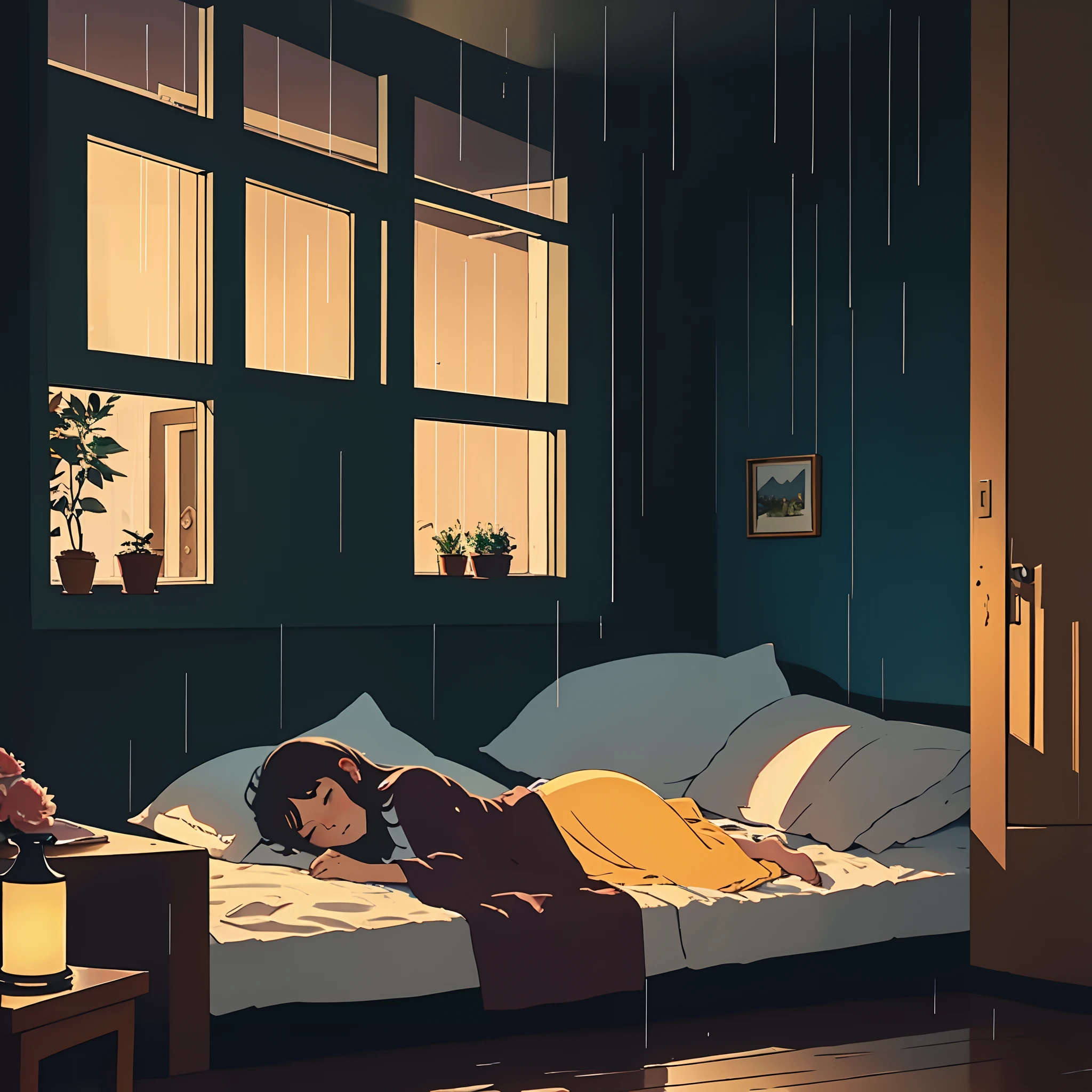 warm tomes, girl, room, cozy, night time, sleeping, rain, big window, relaxing