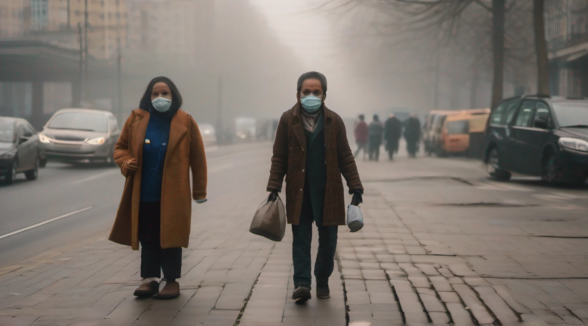 candid photography, panoramic view, people wearing masks due to pollution, adaptation, daily life affected by pollution, foggy, crowded street, misty haze, anxiety, diane arbus style, muted colors, shot on Olympus OMD EM1 Mark III, zoom lens, postmodernism, environmental portraiture, muffled, clear, fabric masks, polluted air, protection, vulnerability, filter, exposure