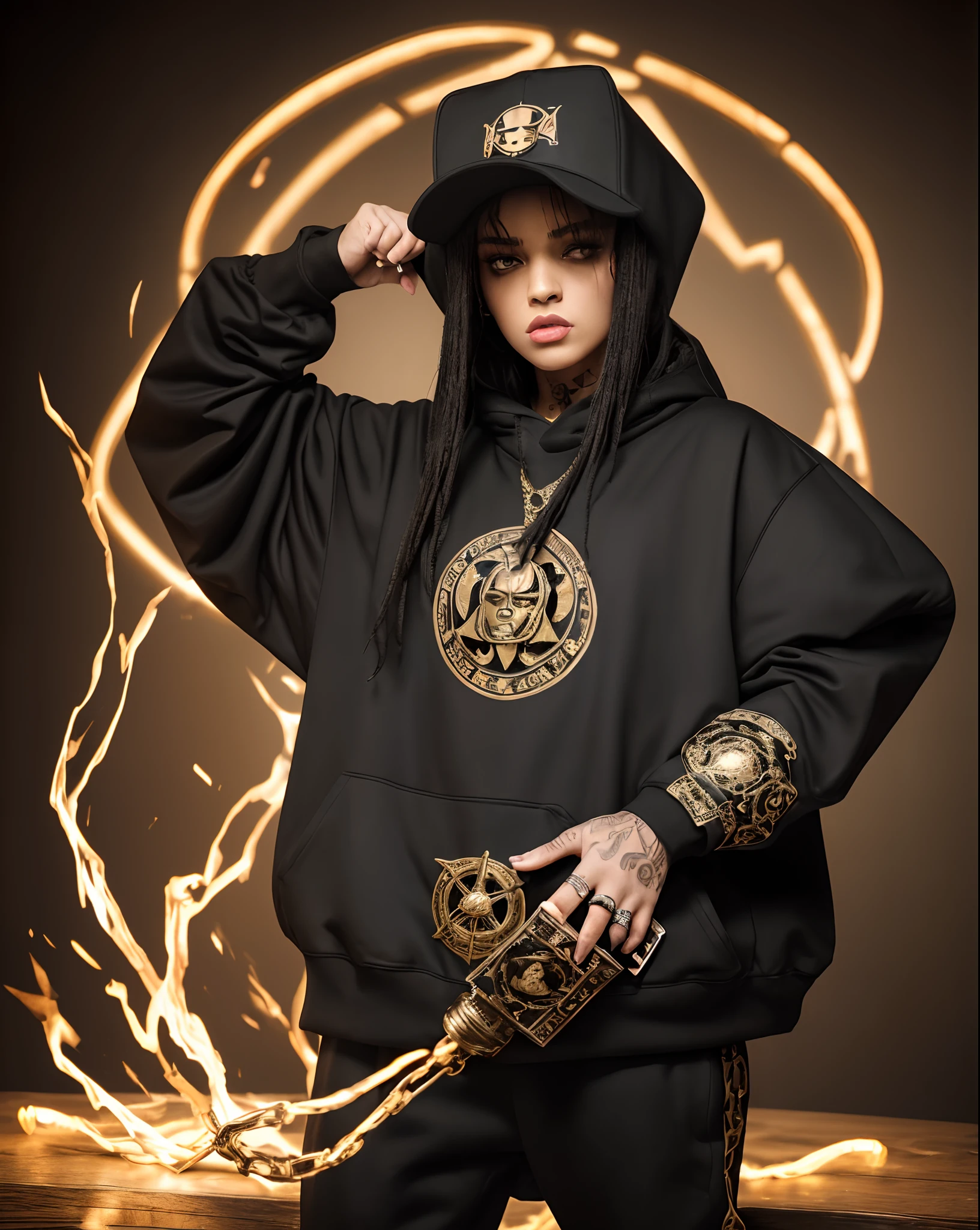 (best quality,4k,8k,highres,masterpiece:1.2),ultra-detailed,realistic, savage evil badass hip hop evil female rapper dark mage occultist wearing fullbody fearfeal intimadating baggy saggy supreme, bape, stylish stussy tracksuit clothes dark magic flexing evil hex rituals bright lights and summon room and incarnations (evil aura moody lighting)