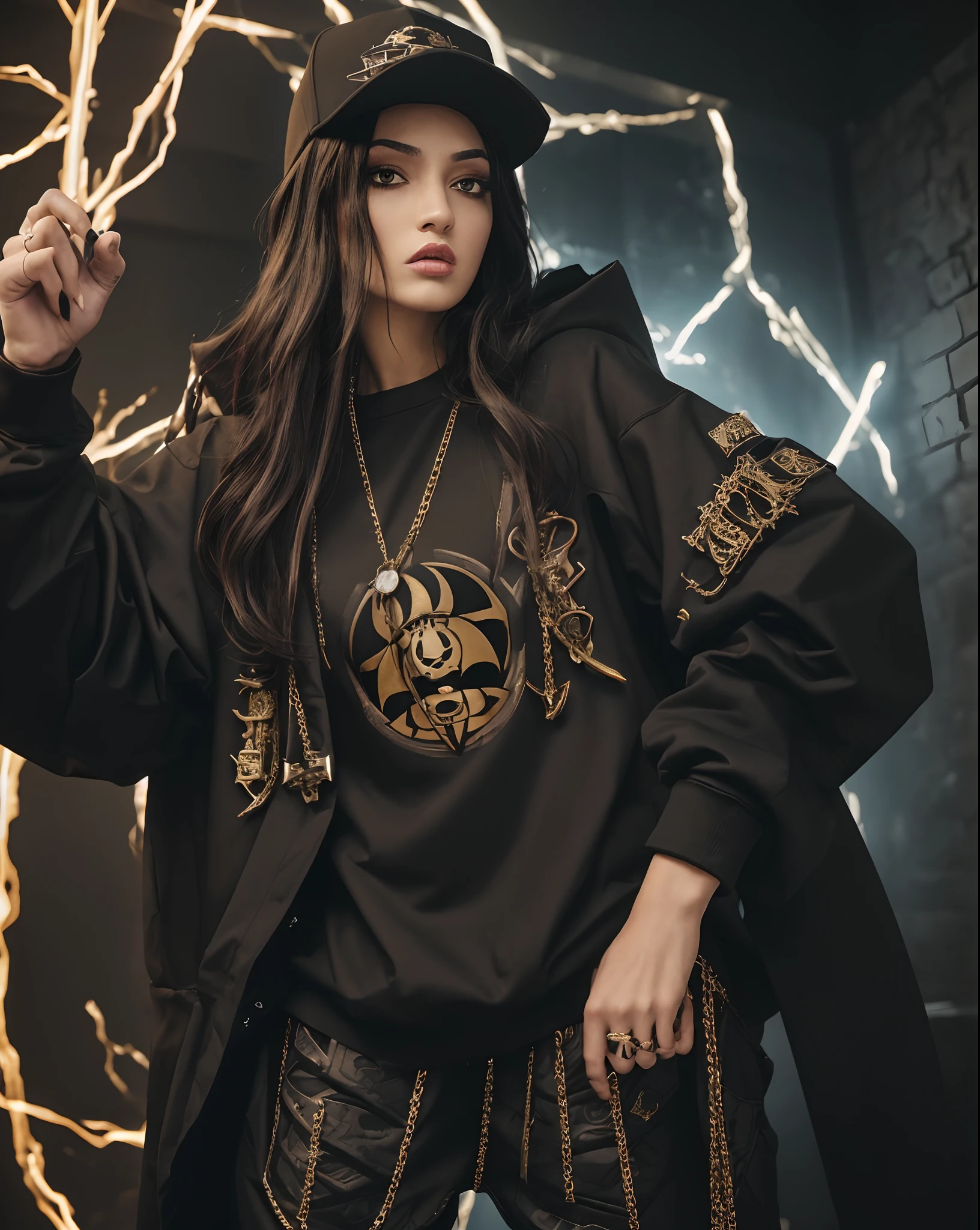 (best quality,4k,8k,highres,masterpiece:1.2),ultra-detailed,realistic, savage evil badass hip hop evil female rapper dark mage occultist wearing fullbody fearfeal intimadating baggy saggy supreme, bape, stylish stussy tracksuit clothes dark magic flexing evil hex rituals bright lights and summon room and incarnations (evil aura moody lighting)