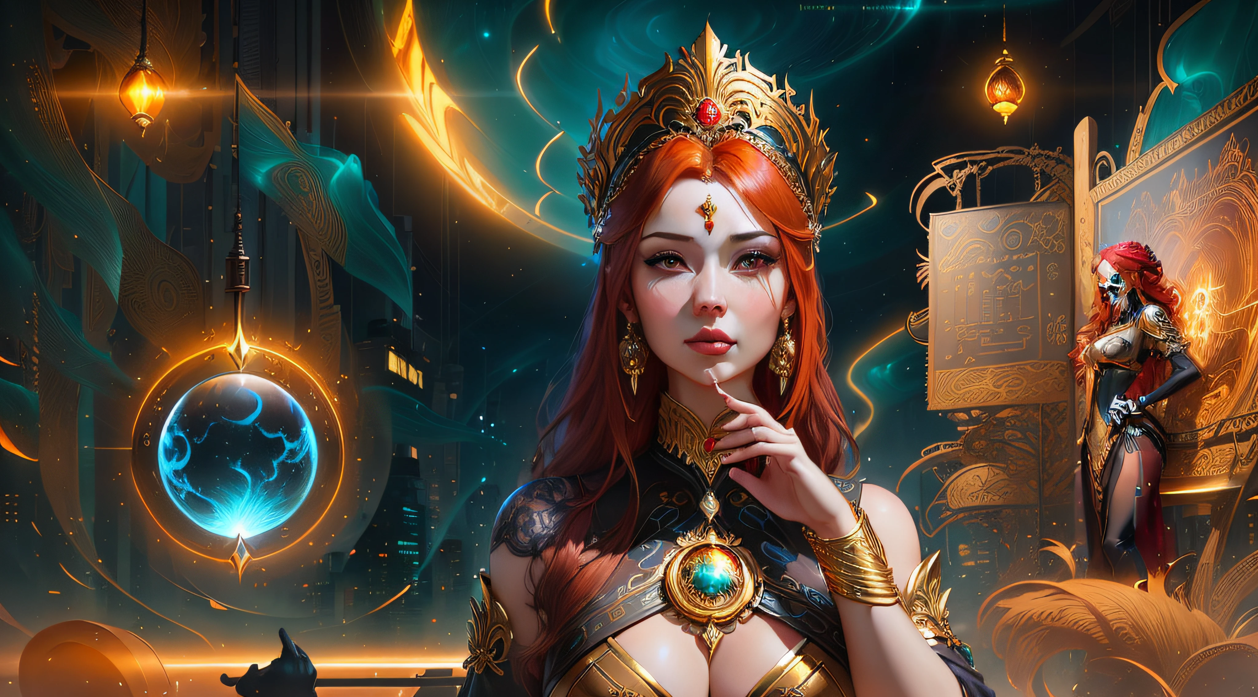 there is a woman with a red hair and a gold dress, stylized urban fantasy artwork, karol bak uhd, fantasy art behance, digital art fantasy art, 4k highly detailed digital art, digital art fantasy, detailed fantasy digital art, goddess of time, digital fantasy illustration, 4k detailed digital art, 4k fantasy art
