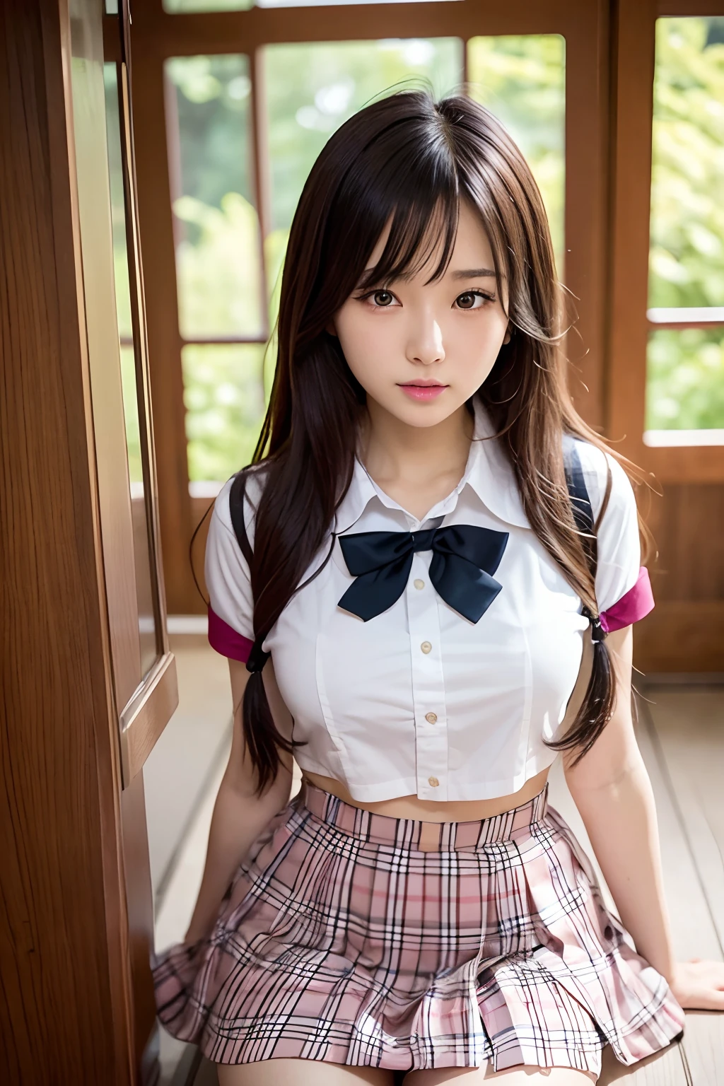 raw photo, masterpiece, best quality, high resolution, cute Japan, big, embarrassing, blush, girl alone, attractive body, G cup, black hair long hair, school uniform, thighs, beautiful raw legs, white socks, raised buns, open open shirt, cleavage, ribbon on neck, seraphuk, very short skirt, , white pants, panchira, squatting, open legs, (skirt raised: 1.2), panties, embarrassing, blush, evening