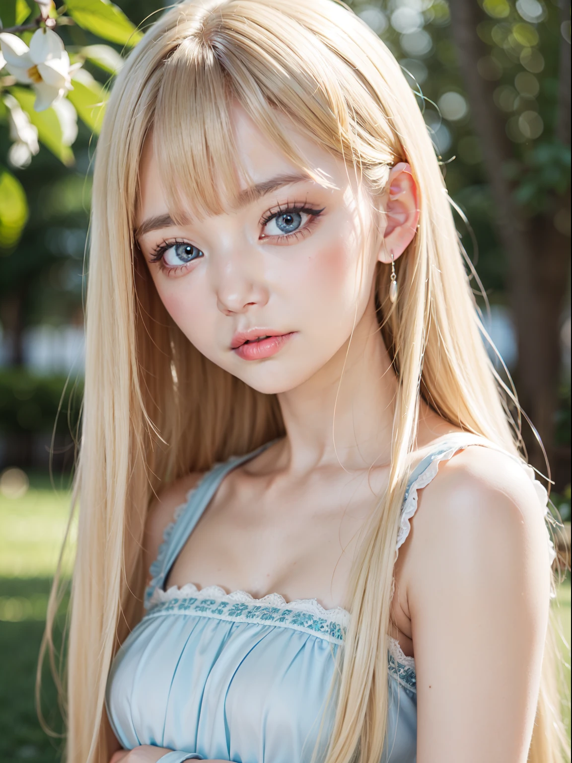 perfectly beautiful face、Beautiful cute girl at 、Sexy but still young, Cute and beautiful、Beautiful big pale light blue eyes、Super Long Beautiful Straight Hair、dazzling golden silky bright blonde hair、long and beautiful bangs、clear double eyelids、eye liner、with round face、bright expression、White beautiful skin、Young luster of cheeks、Innocent look、Young face