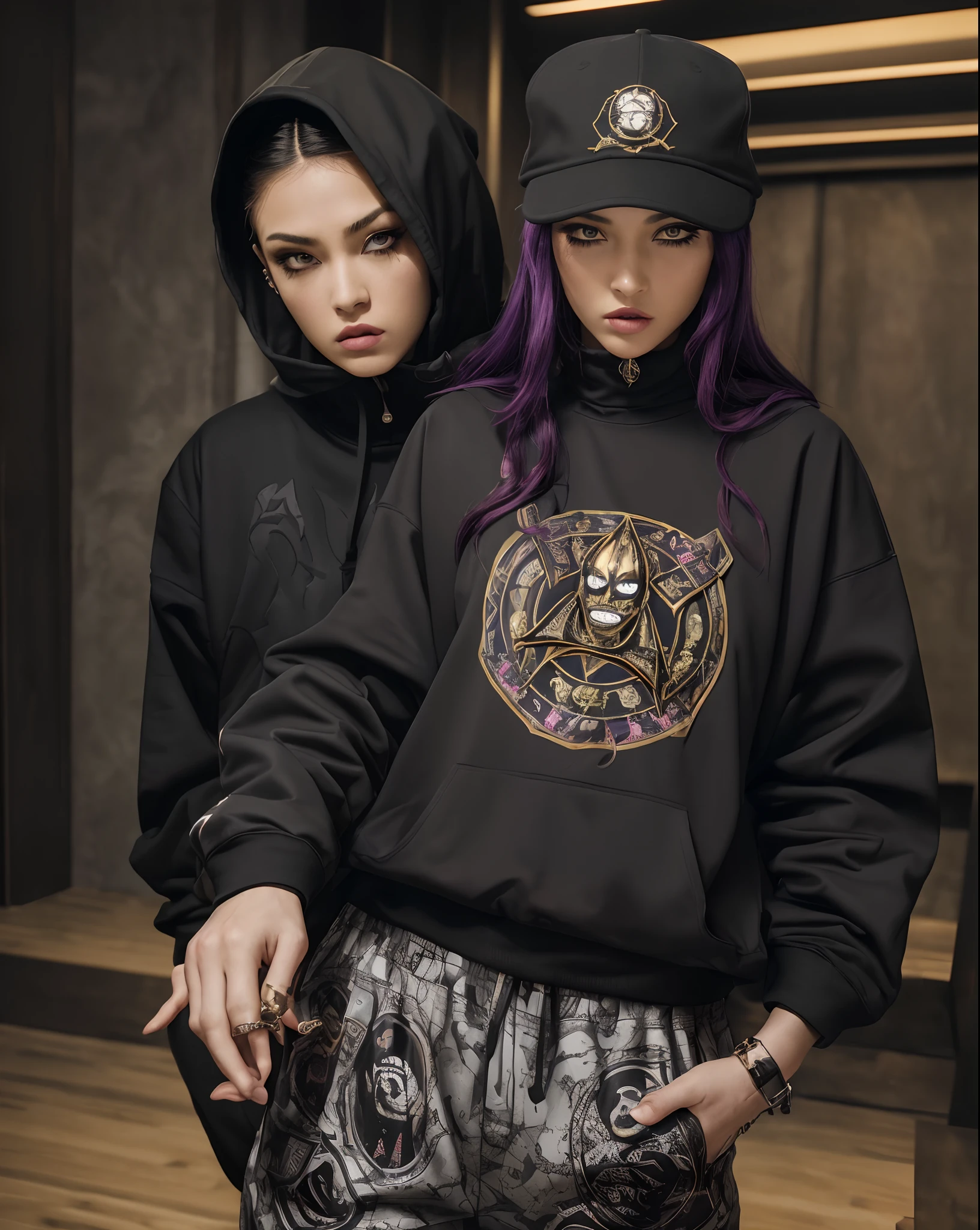 (best quality,4k,8k,highres,masterpiece:1.2),ultra-detailed,realistic, savage evil badass hip hop evil female rapper dark mage occultist wearing fullbody fearfeal intimadating baggy saggy supreme, bape, stylish stussy tracksuit clothes dark magic flexing evil hex rituals bright lights and summon room and incarnations (evil aura moody lighting)